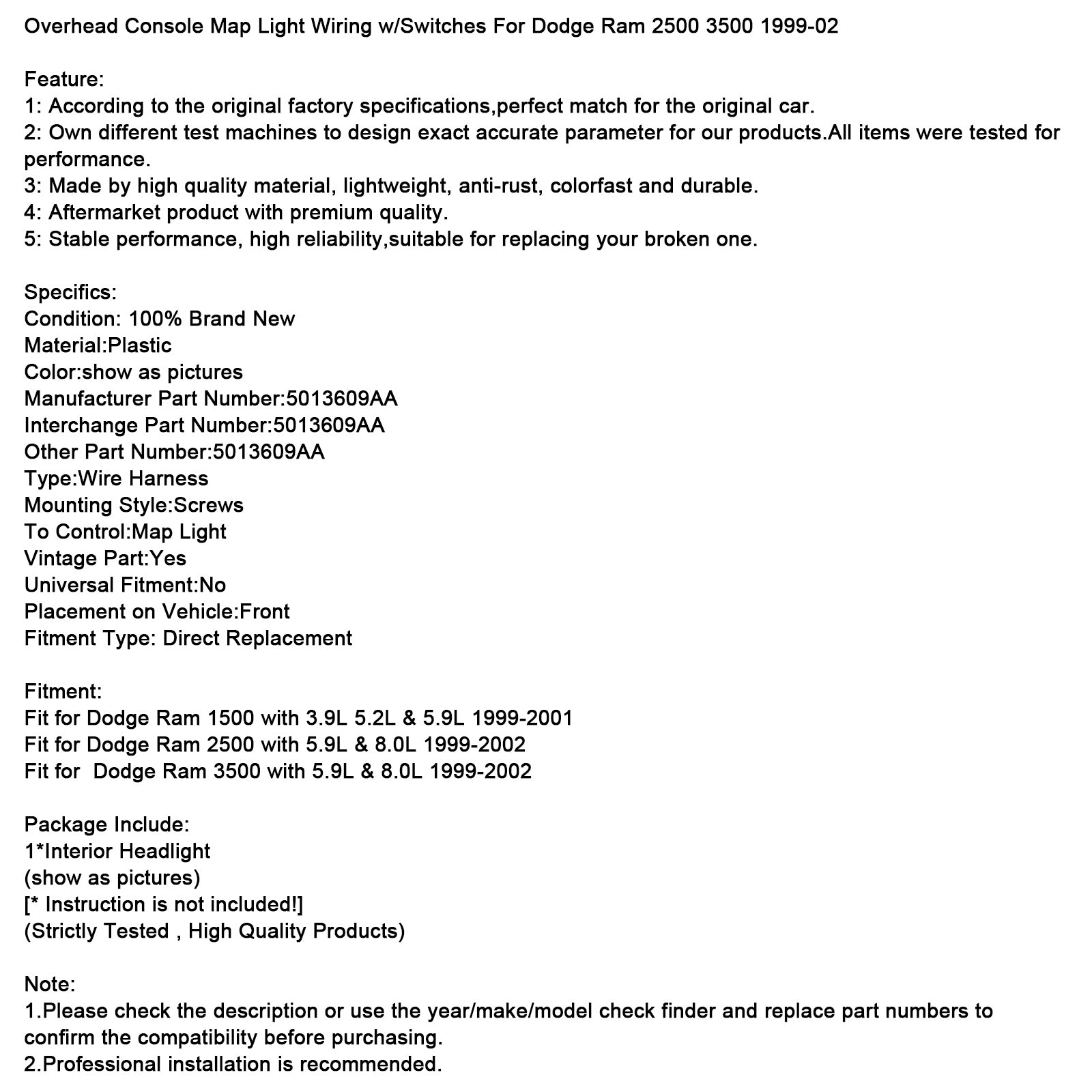 Overhead Console Map Light Wiring w/Switches For Dodge Ram 2500 3500 1999-02