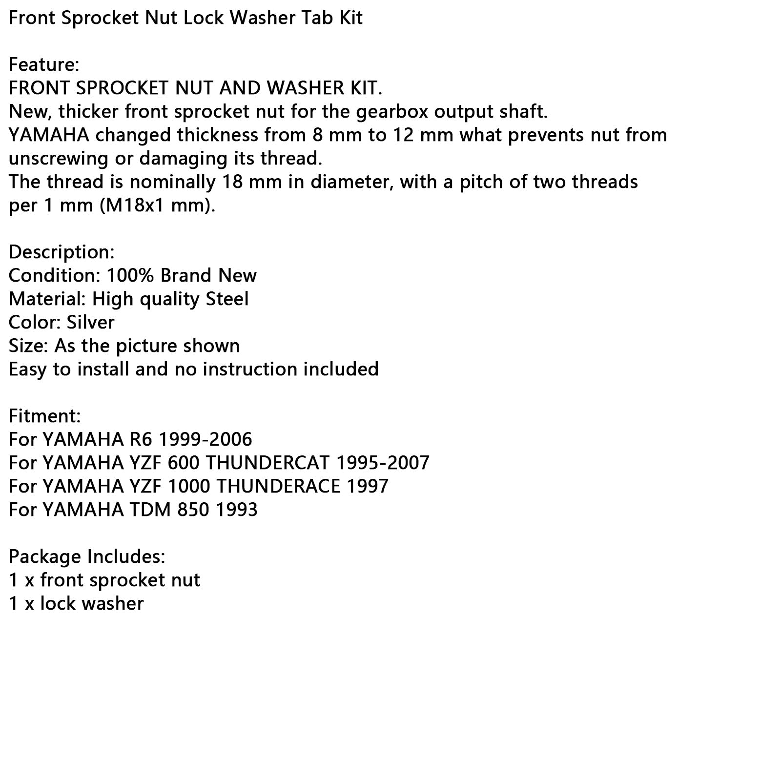 Front Sprocket Nut Lock Washer Tab Kit For YAMAHA R6 YZF 600 1000 TDM 850