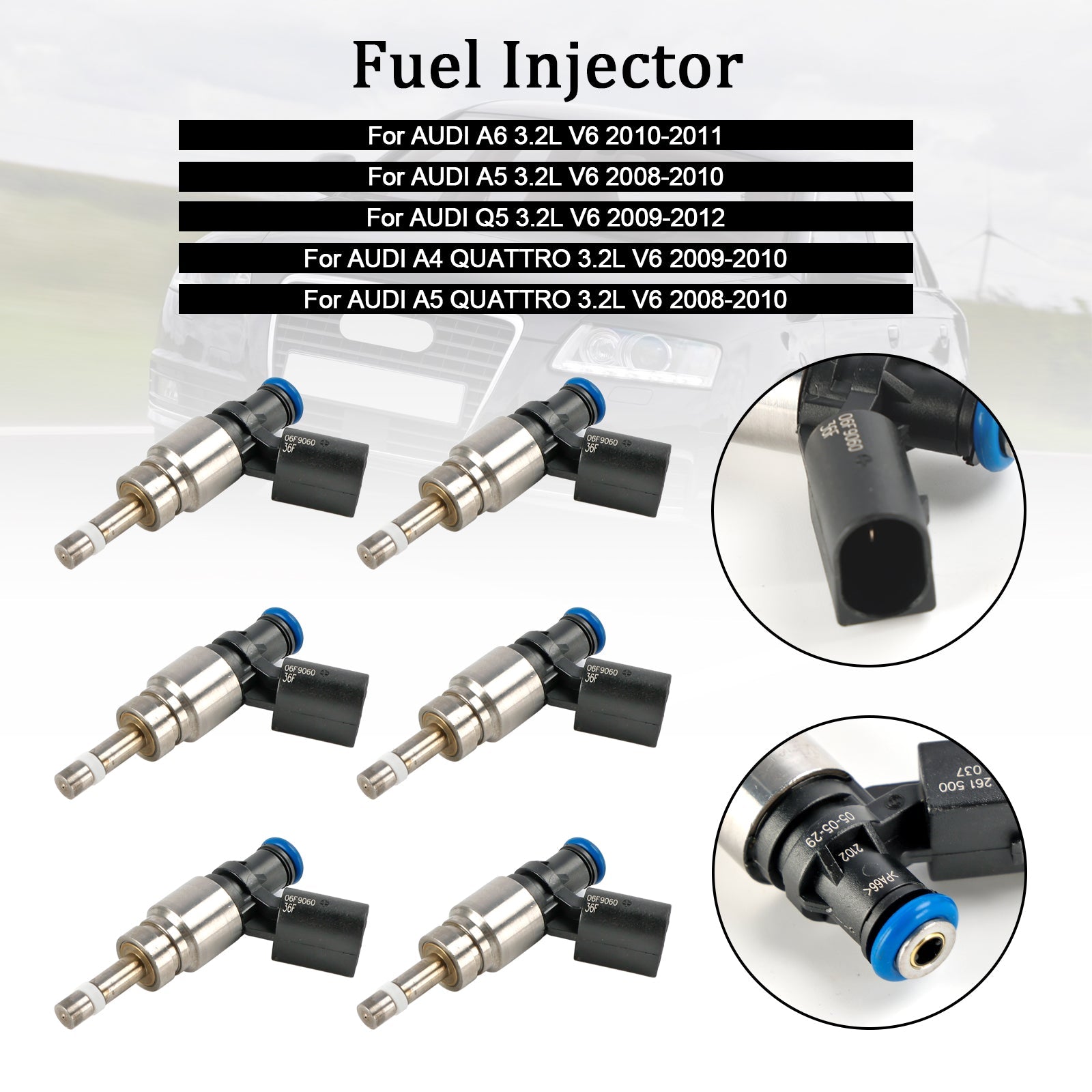 6PCS Fuel Injector 06E906036F Fit Audi Q5 A4 A5 A6 3.2L V6 2008-2011 0261500037