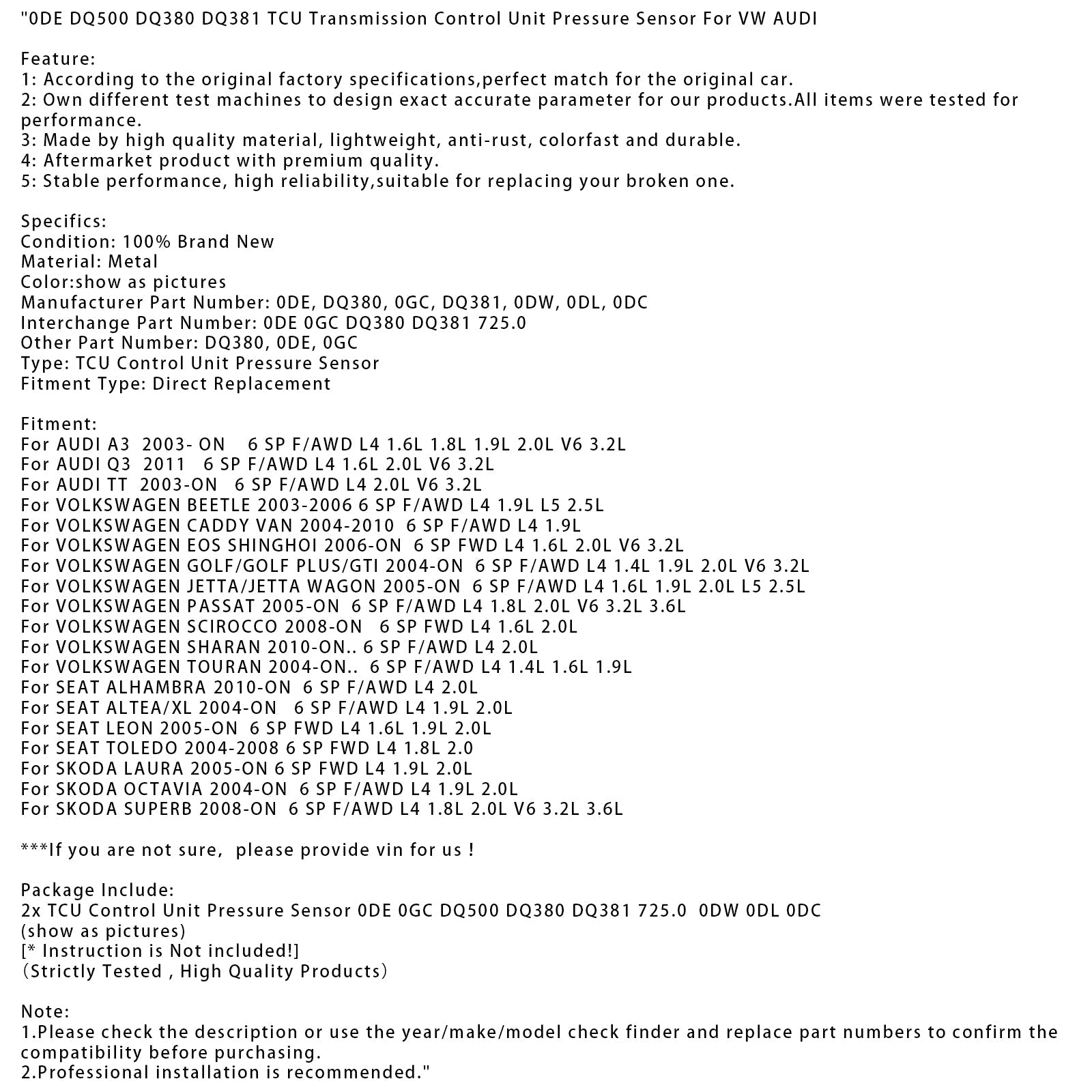 0DE DQ500 DQ380 DQ381 TCU Transmission Control Unit Pressure Sensor For VW AUDI