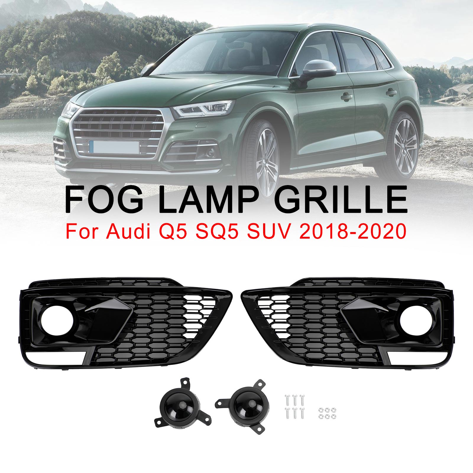 RSQ5 Black Front Honeycomb Fog Lamp Grilles Cover Fit Audi Q5 SQ5 2018-2020