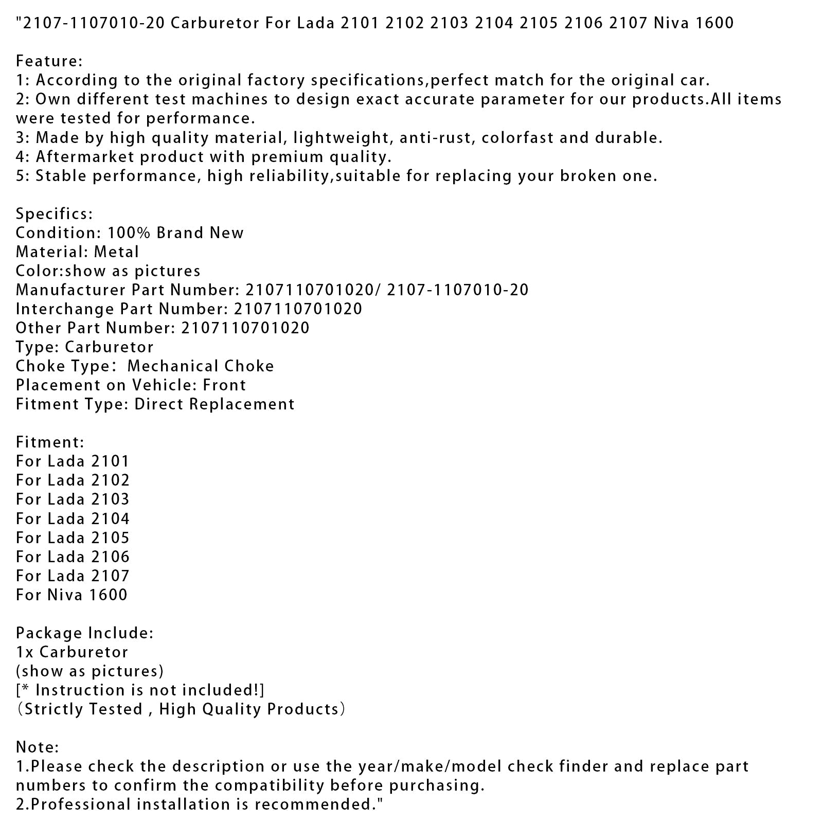 Lada 2101 2102 2103 2104 2105 2106 2107 Niva 1600 Carburetor 2107-1107010-20