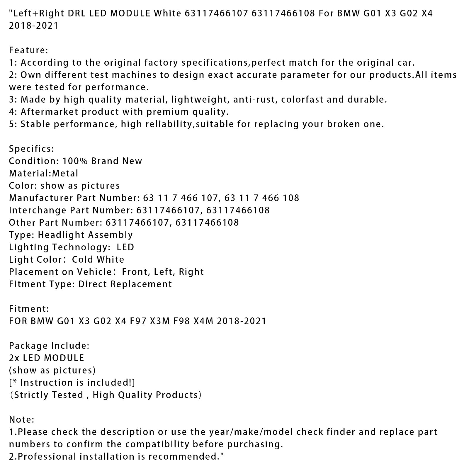 2018-2021 BMW G01 X3 G02 X4 F97 X3M F98 X4M Left+Right DRL LED MODULE White 63117466107 63117466108