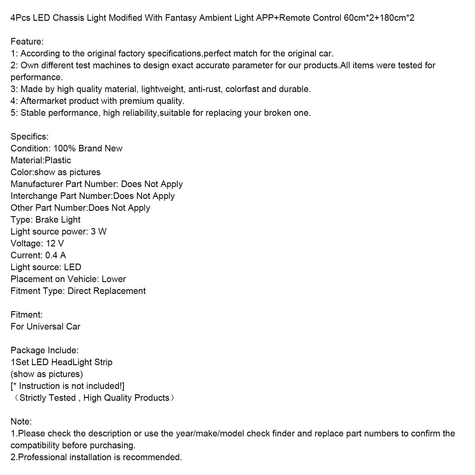 4Pcs LED Chassis Light Modified With Fantasy Ambient Light APP Controller 60cm*2+180cm*2