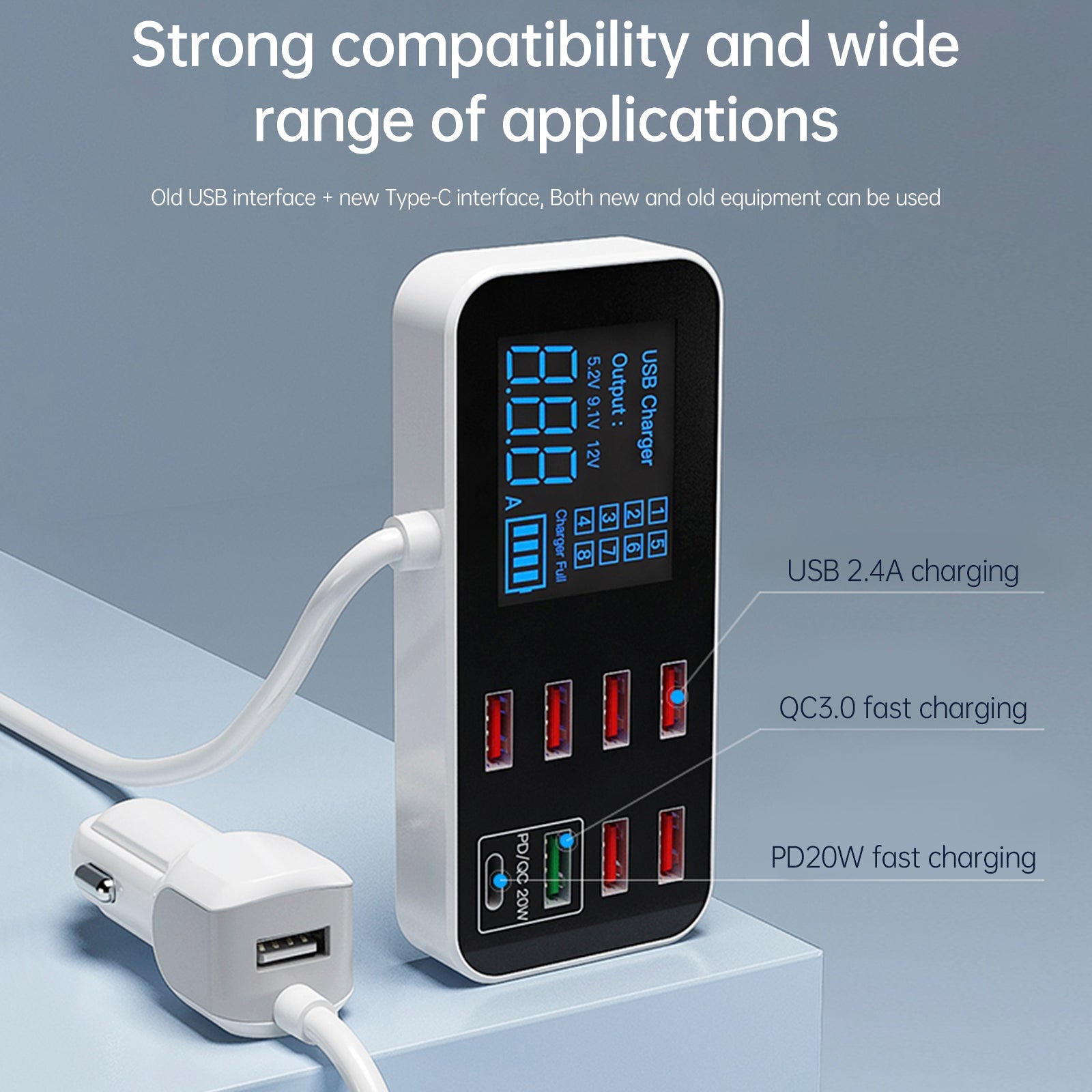 USB Charger PD5V1A QC3.0 Display Small Car 8 Port Car Charger Cigarette Lighter