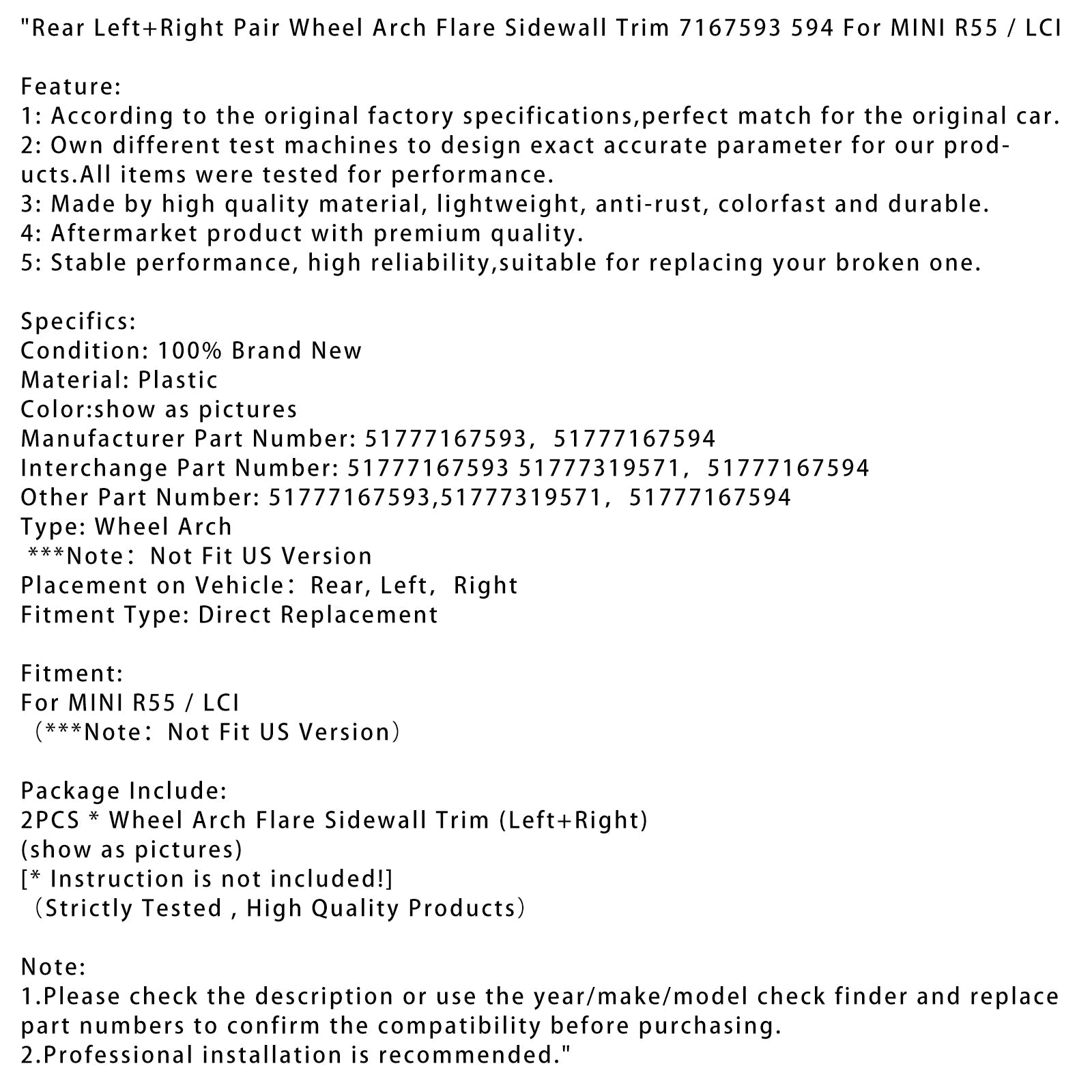 MINI R55 Rear Left+Right Pair Wheel Arch Flare Sidewall Trim 7167593 594