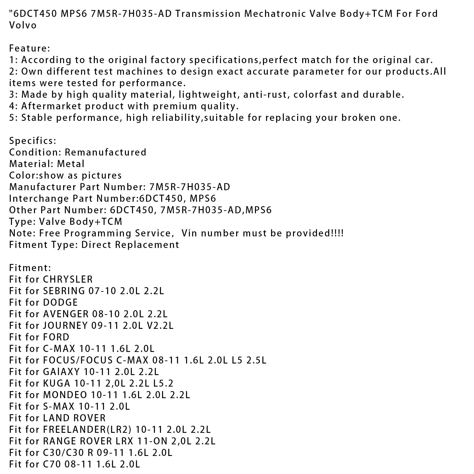 2008-2011 LAND ROVER C70 1.6L 2.0L Transmission Mechatronic Valve Body+TCM 6DCT450 MPS6 7M5R-7H035-AD