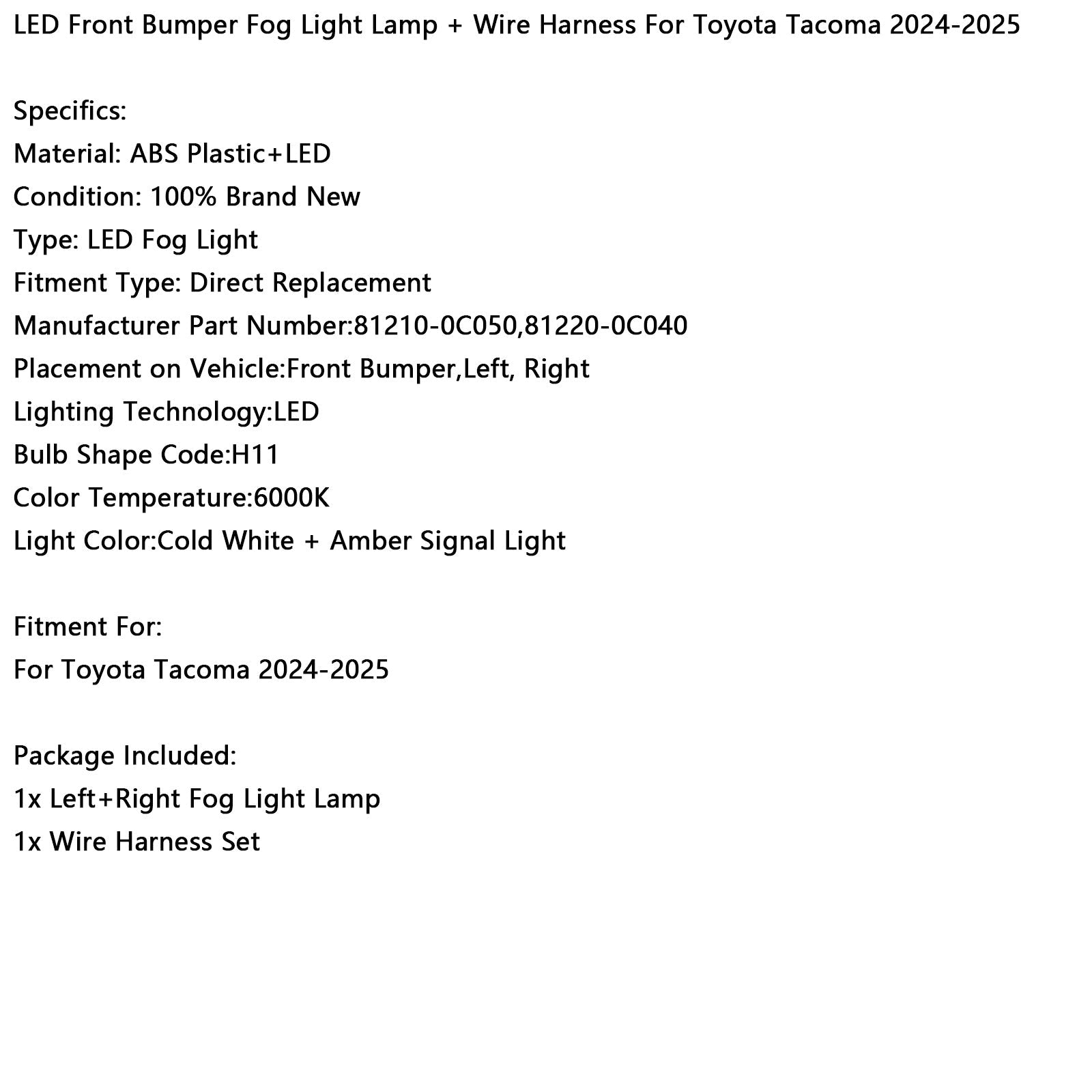 2024-2025 Toyota Tacoma LED Front Bumper Fog Light Lamp + Wire Harness