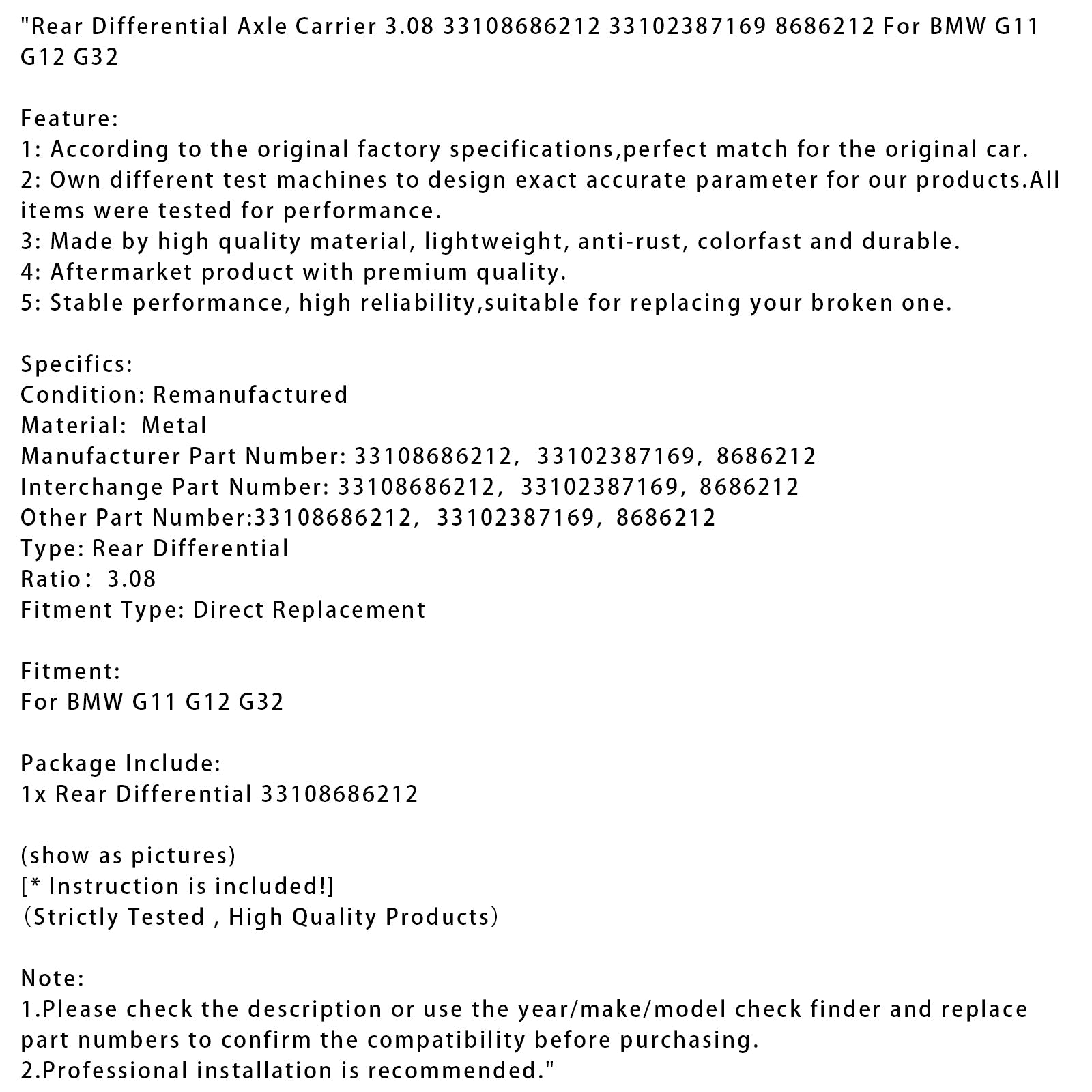 BMW G11 G12 G32 Rear Differential Axle Carrier 3.08 33108686212 33102387169