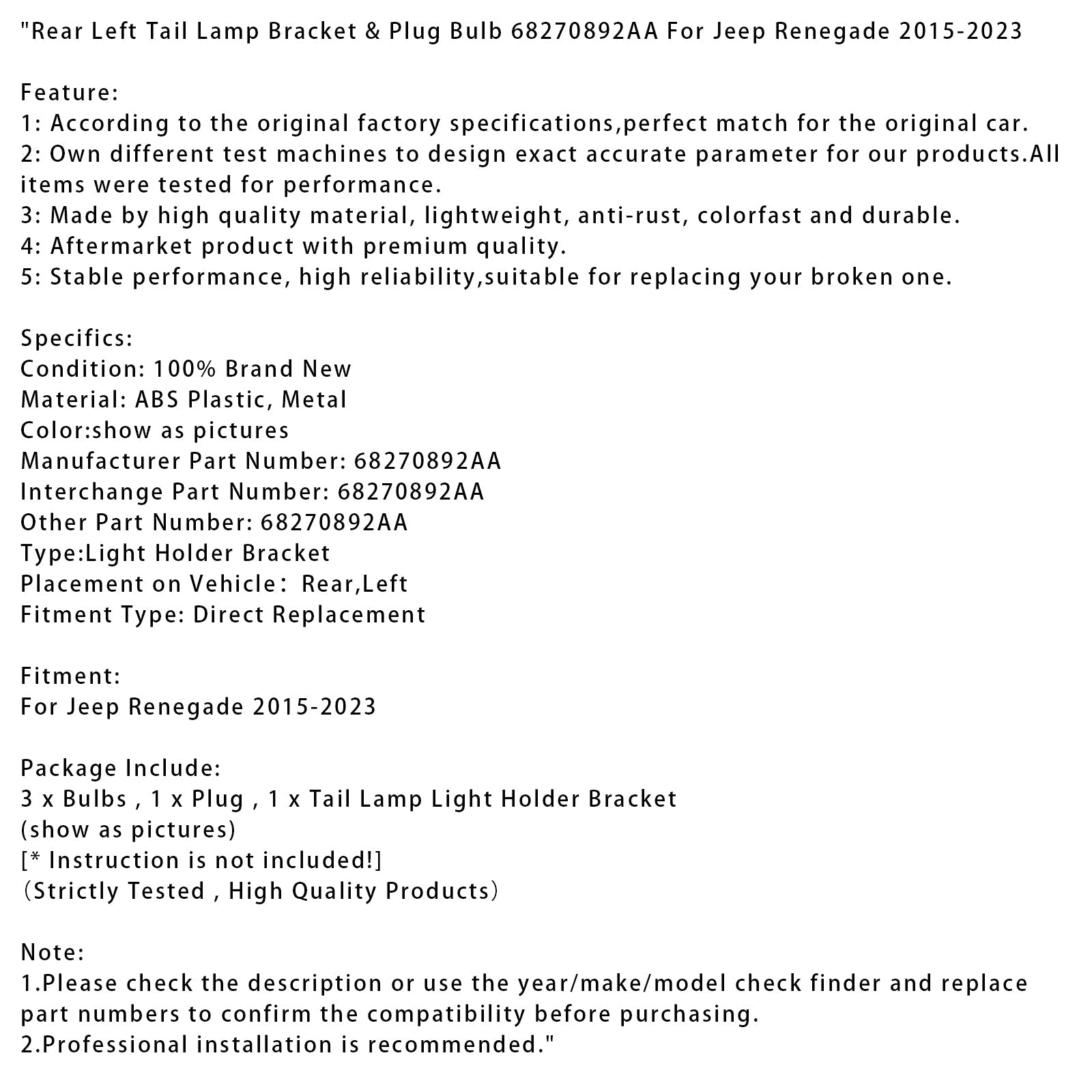 2015-2023 Jeep Renegade Rear Left Tail Lamp Bracket & Plug Bulb 68270892AA
