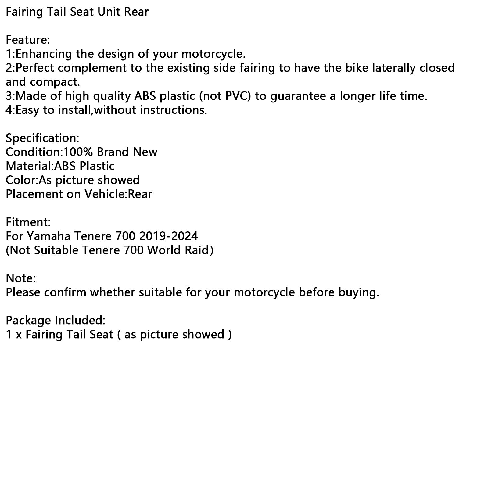 Fairing Tail Seat Unit Rear For Yamaha Tenere 700 2019-2024