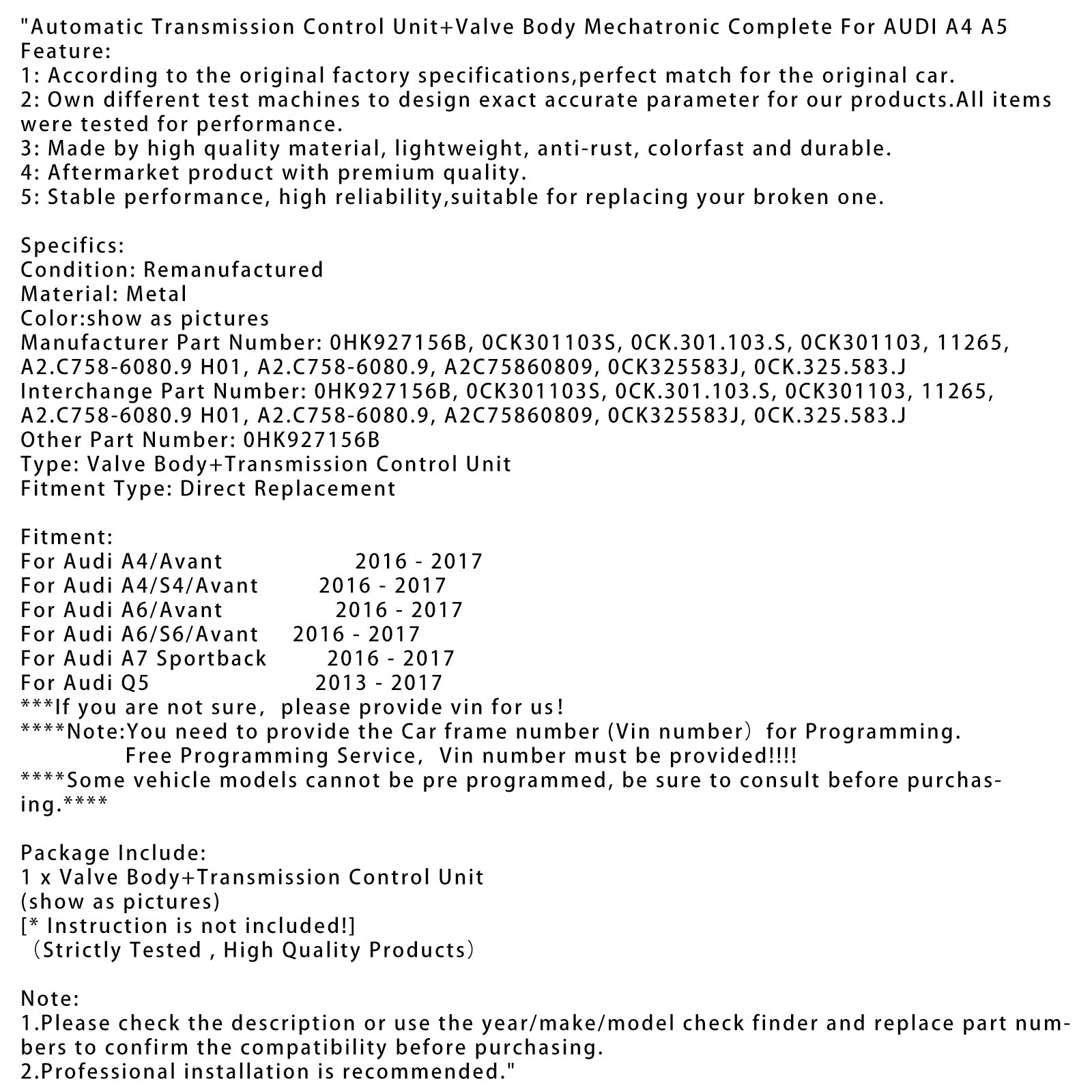 Automatic Transmission Control Unit+Valve Body Mechatronic Complete For AUDI A4