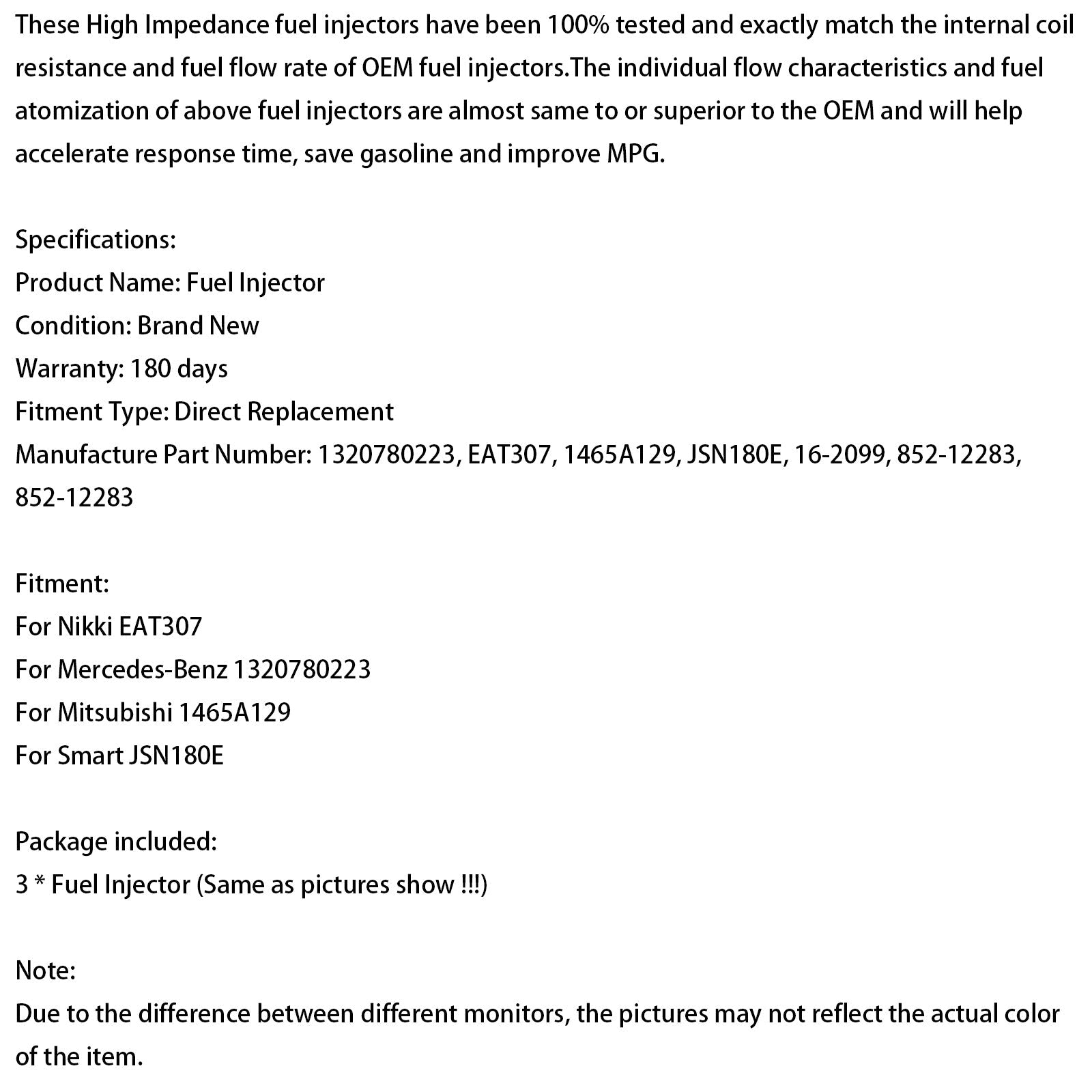 2008-2015 Smart Fortwo 1.0L 3PCS Fuel Injector EAT307 1465A129