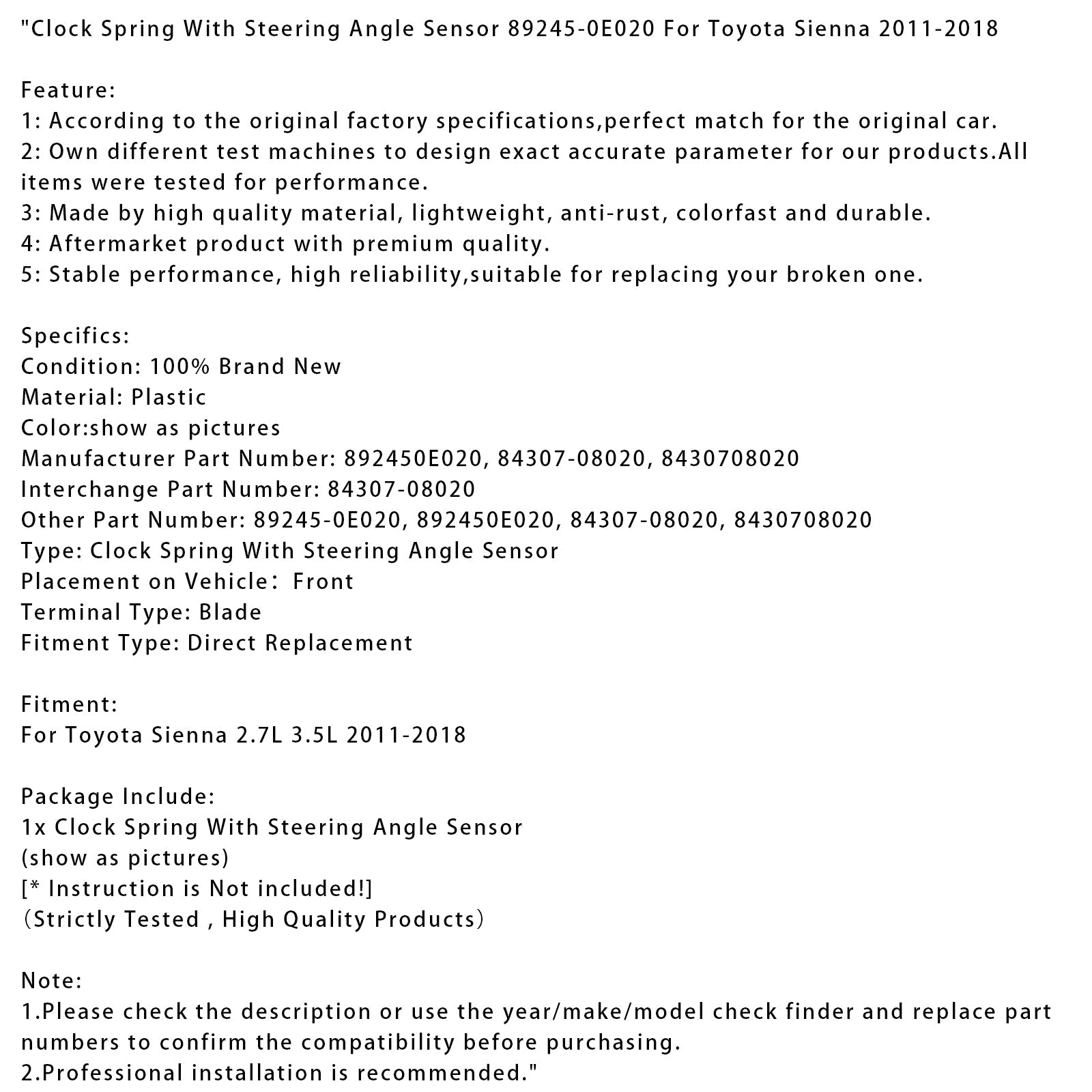 2011-2018 Toyota Sienna Clock Spring With Steering Angle Sensor 89245-0E020