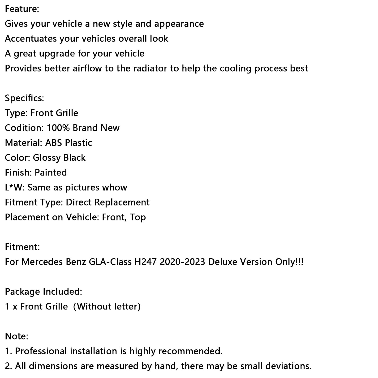 2020-2023 메르세데스 벤츠 GLA-클래스 H247 디럭스 프론트 범퍼 그릴