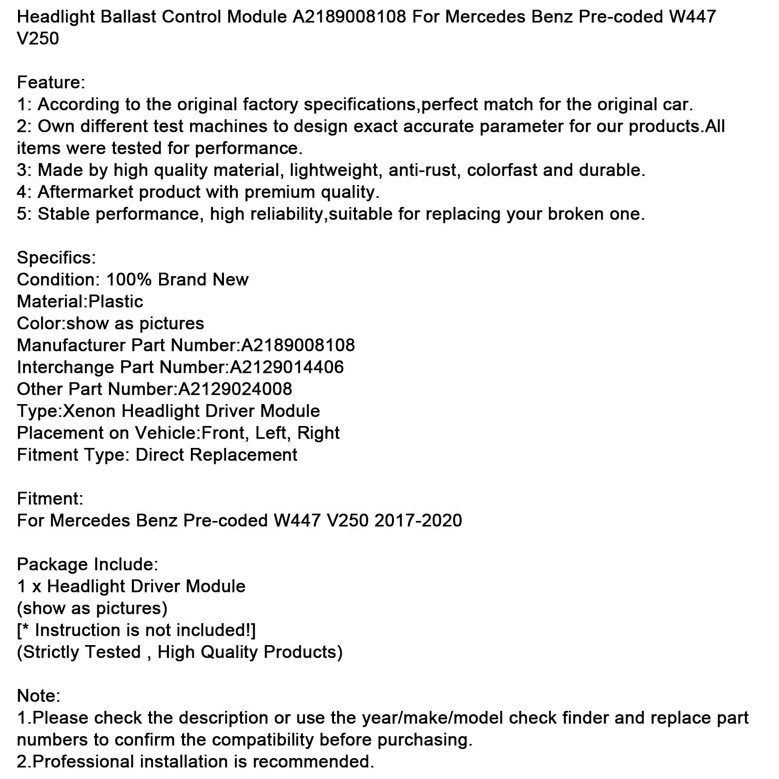 Headlight Ballast Control Module A2189008108 For Mercedes Benz Pre-coded W447