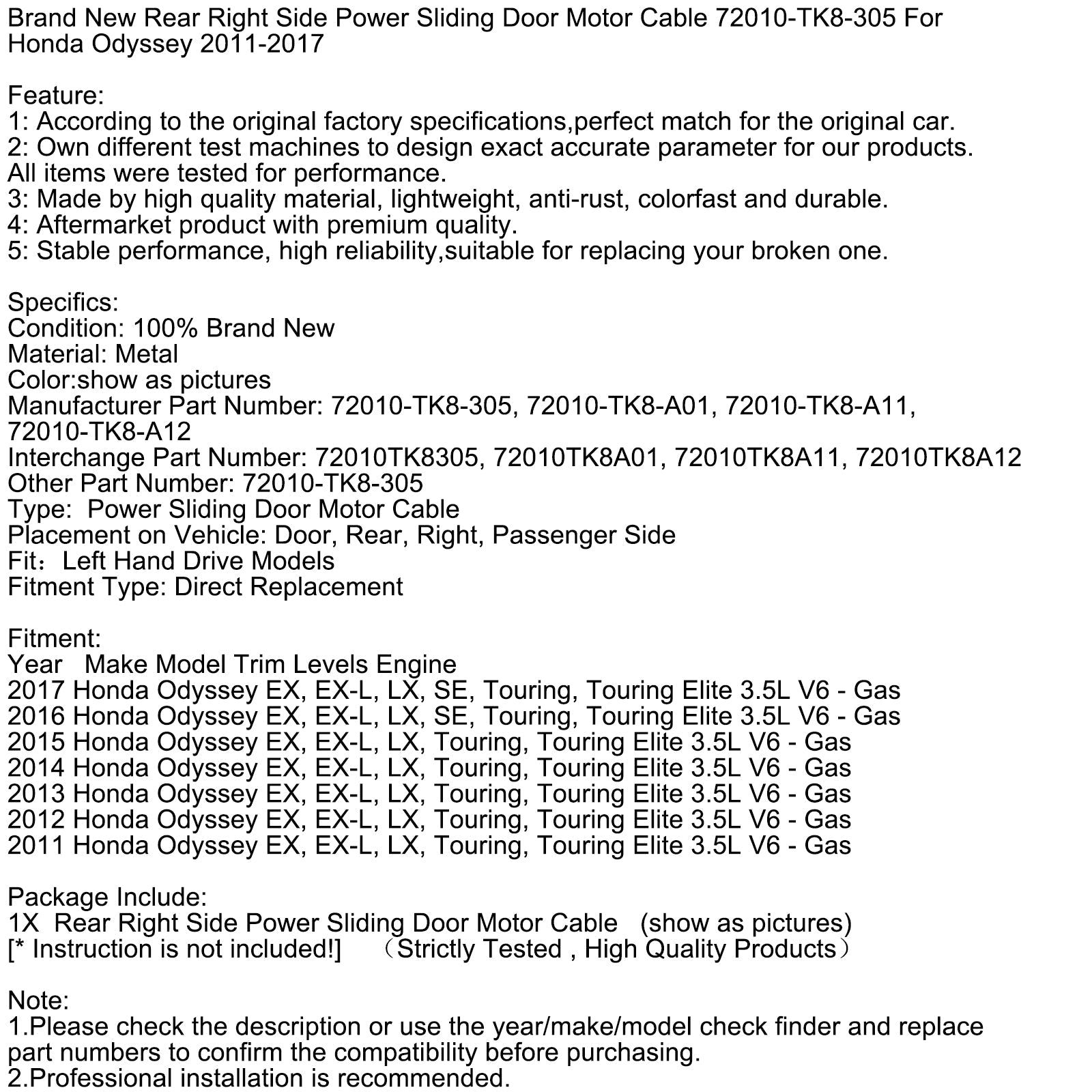 Rear Right Side Power Sliding Door Motor Cable 72010-TK8-305 For Honda Odyssey