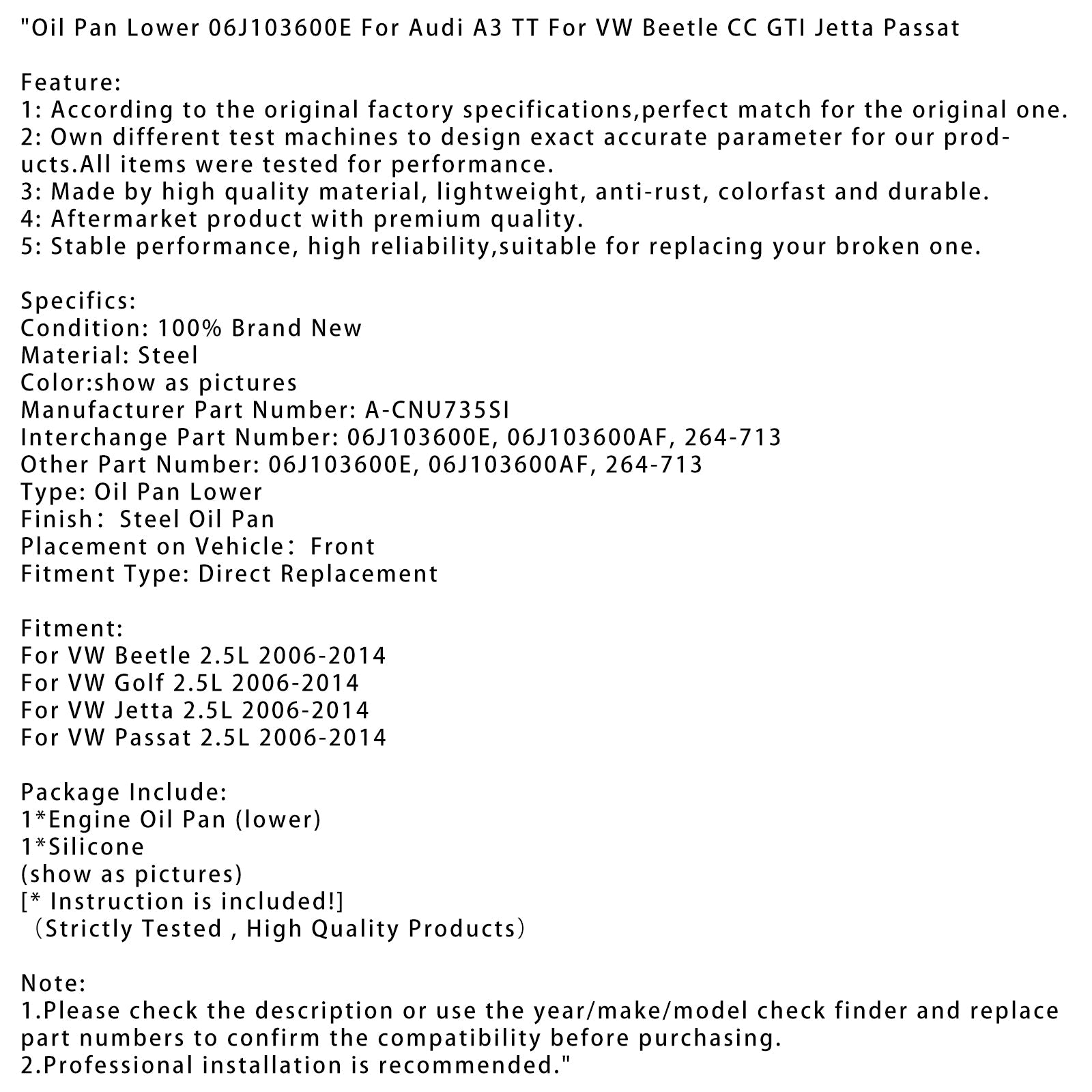 2006-2014 VW Golf 2.5L Oil Pan Lower 06J103600E 06J103600AF 264-713