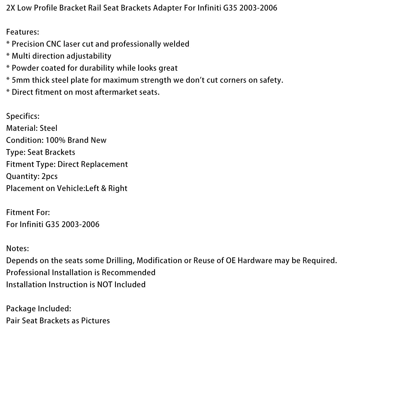 2003-2006 Infiniti G35 2X Low Profile Bracket Rail Seat Brackets Adapter