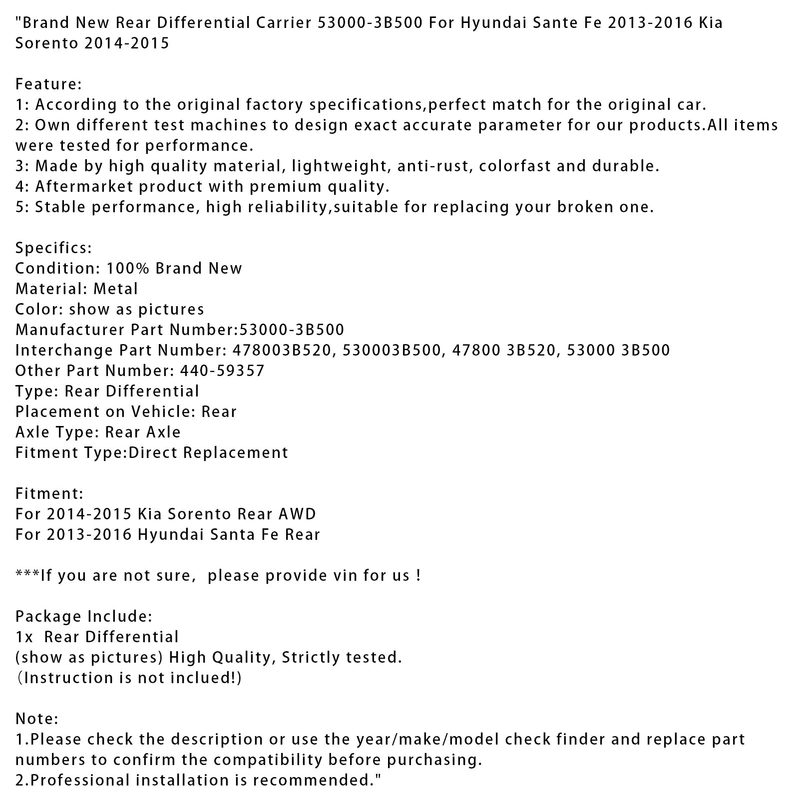 Brand New Rear Differential Carrier 53000-3B500 Fit For Hyundai Sante Fe Sorento