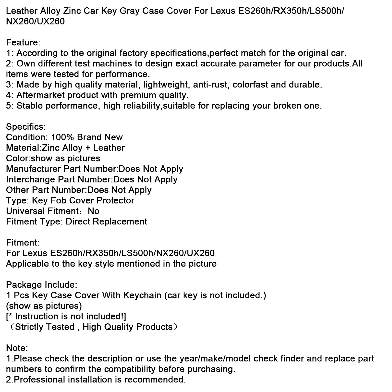 Leather Alloy Zinc Car Key Gray Case Cover For Lexus ES260h/RX350h/LS500h