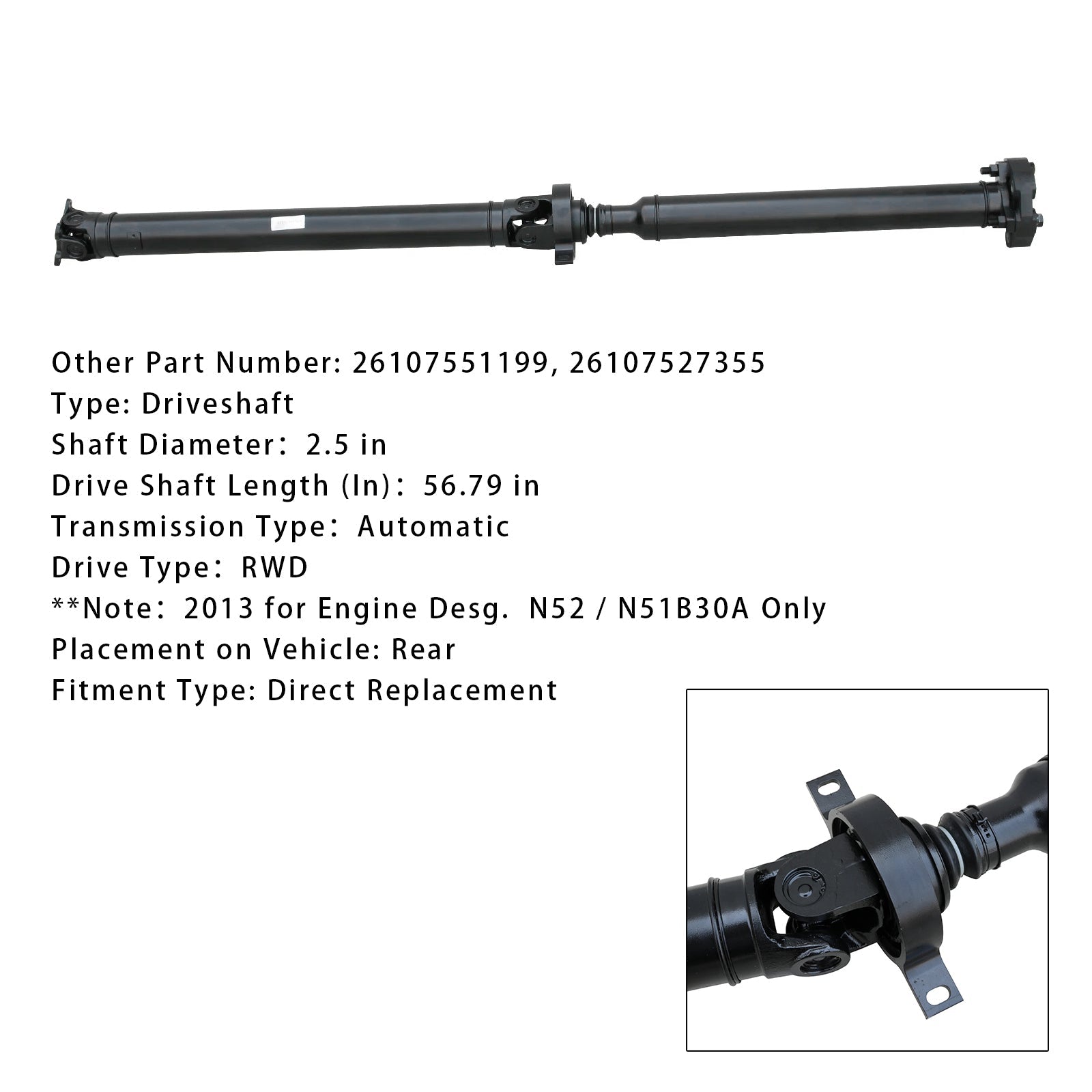 2012-2013 BMW 328i E90 L4&2.0L Rear Auto&Trans RWD Rear Drive Shaft Assembly 26107551199 26107551199