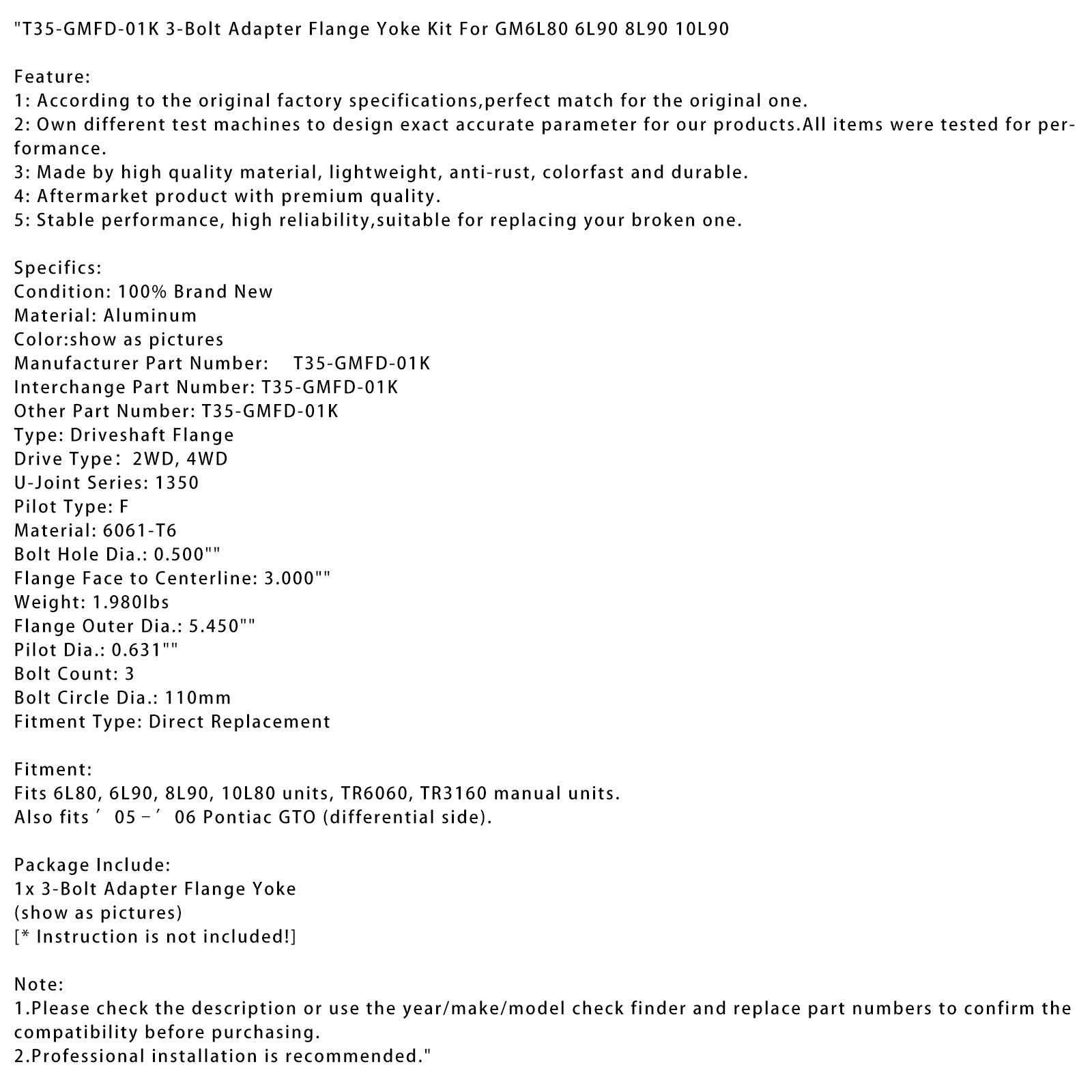 GM6L80 6L90 8L90 10L90 용 T35-GMFD-01K 3 볼트 어댑터 플랜지 요크 키트