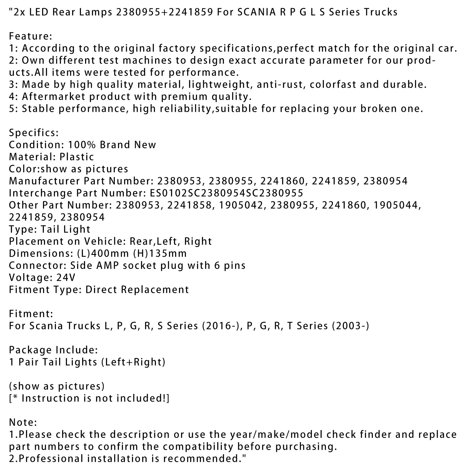 2x LED Rear Lamps 2380955+2241859 For SCANIA R P G L S Series Trucks