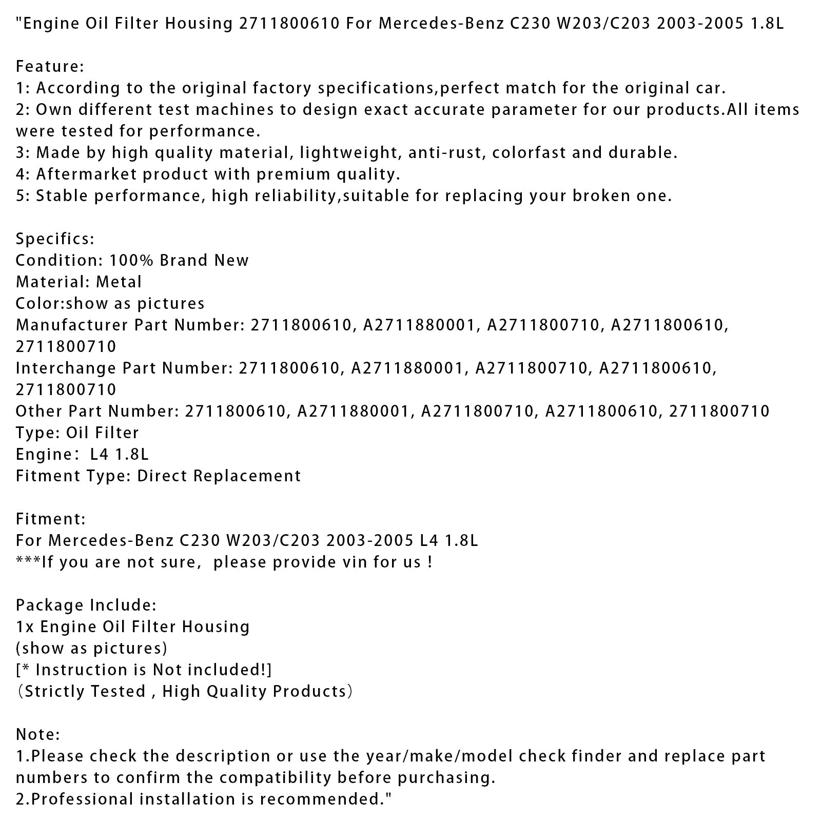 2003-2005 Mercedes-Benz C230 W203/C203 1.8L Engine Oil Filter Housing 2711800610