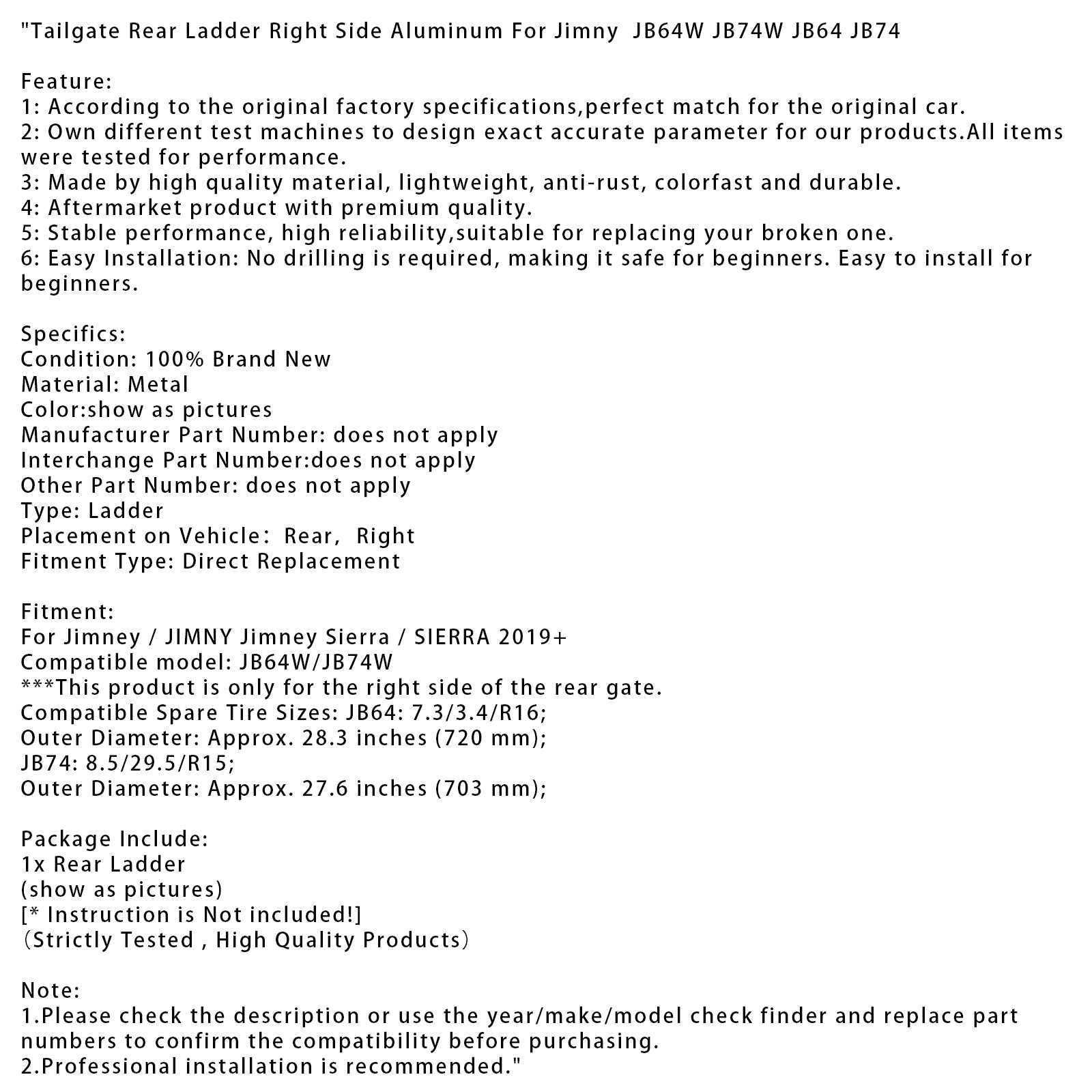 2019+ Jimny JB64W JB74W JB64 JB74 Tailgate Rear Ladder Right Side Aluminum