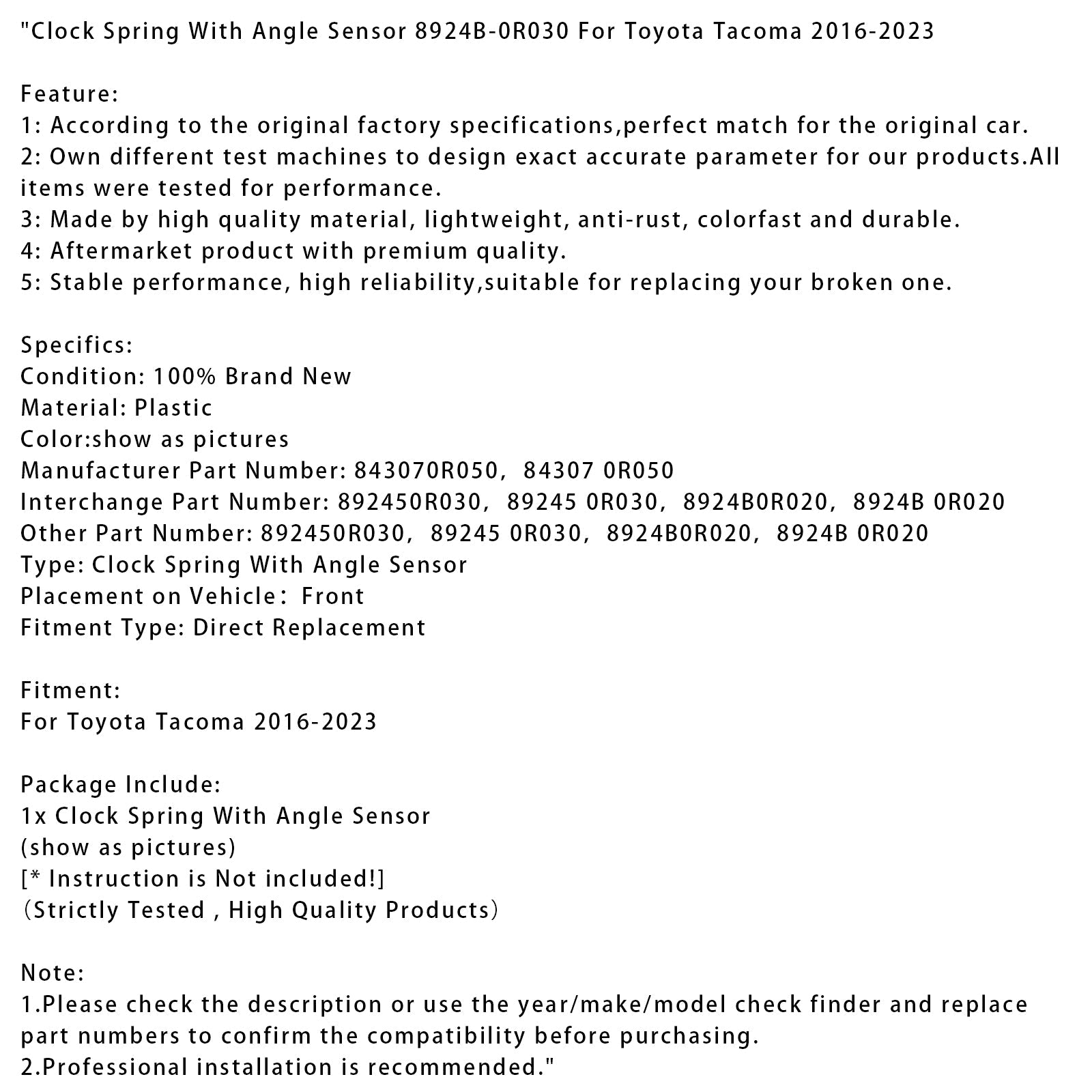 2016-2023 Toyota Tacoma Clock Spring With Angle Sensor 8924B-0R030