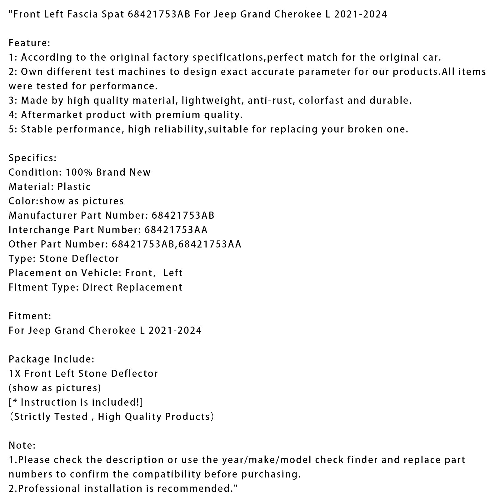 2021-2024 Jeep Grand Cherokee L Front Left Fascia Spat 68421753AB