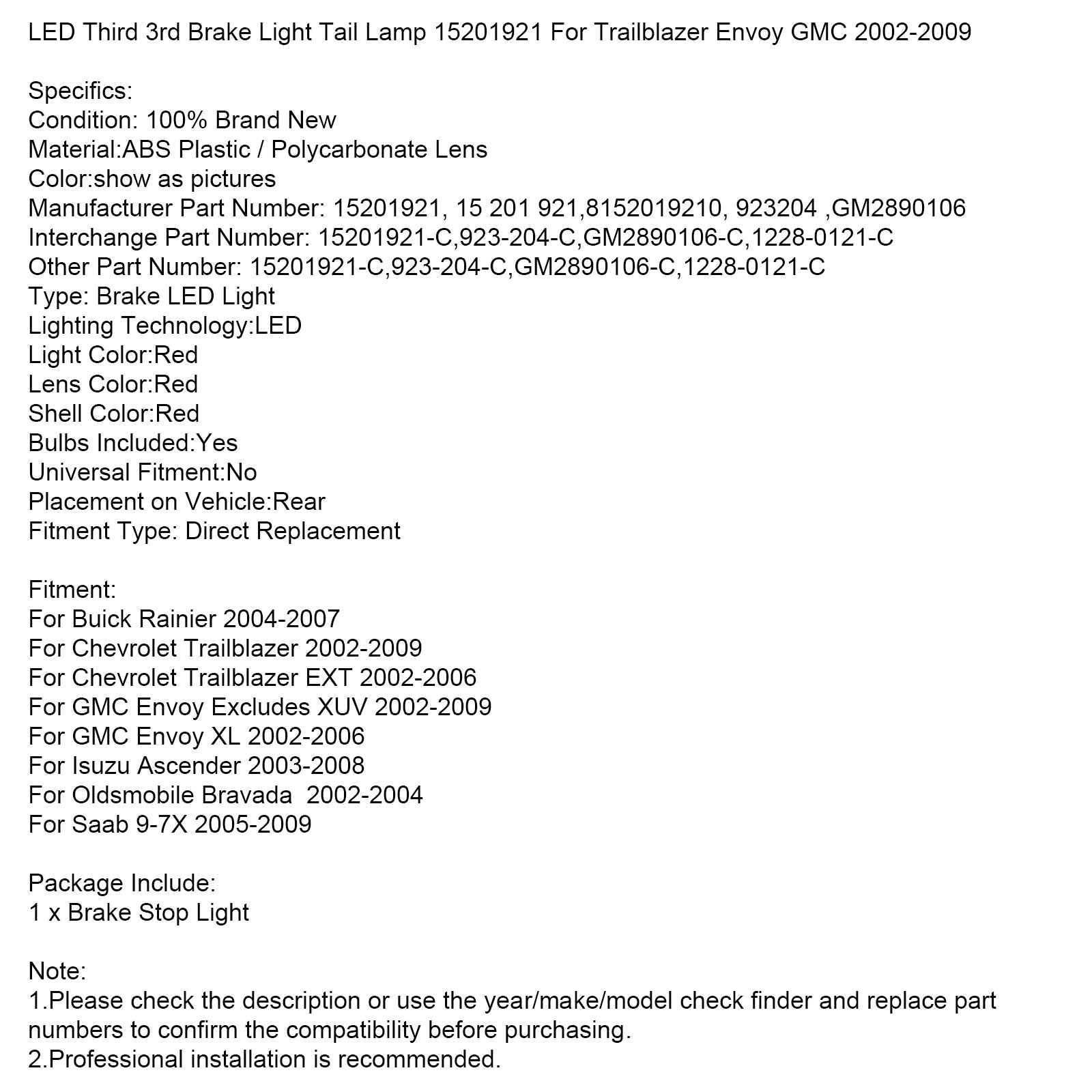 LED Third 3rd Brake Light Tail Lamp 15201921 For Trailblazer Envoy GMC 02-09