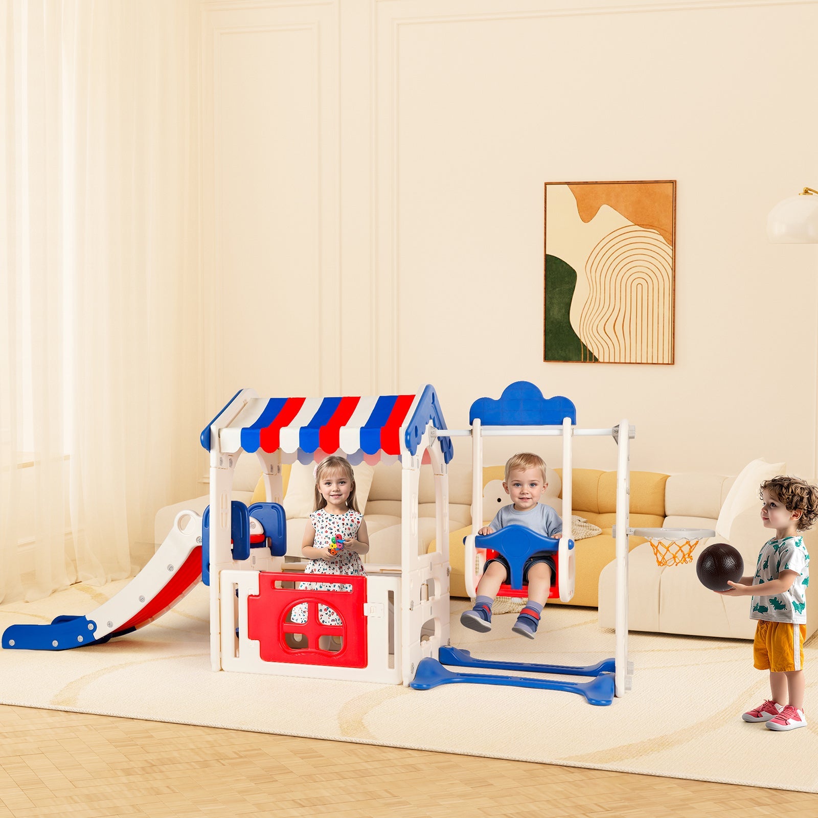 Kid Playset Structure With Slide,Swing And Playhouse Indoor Outdoor Activity