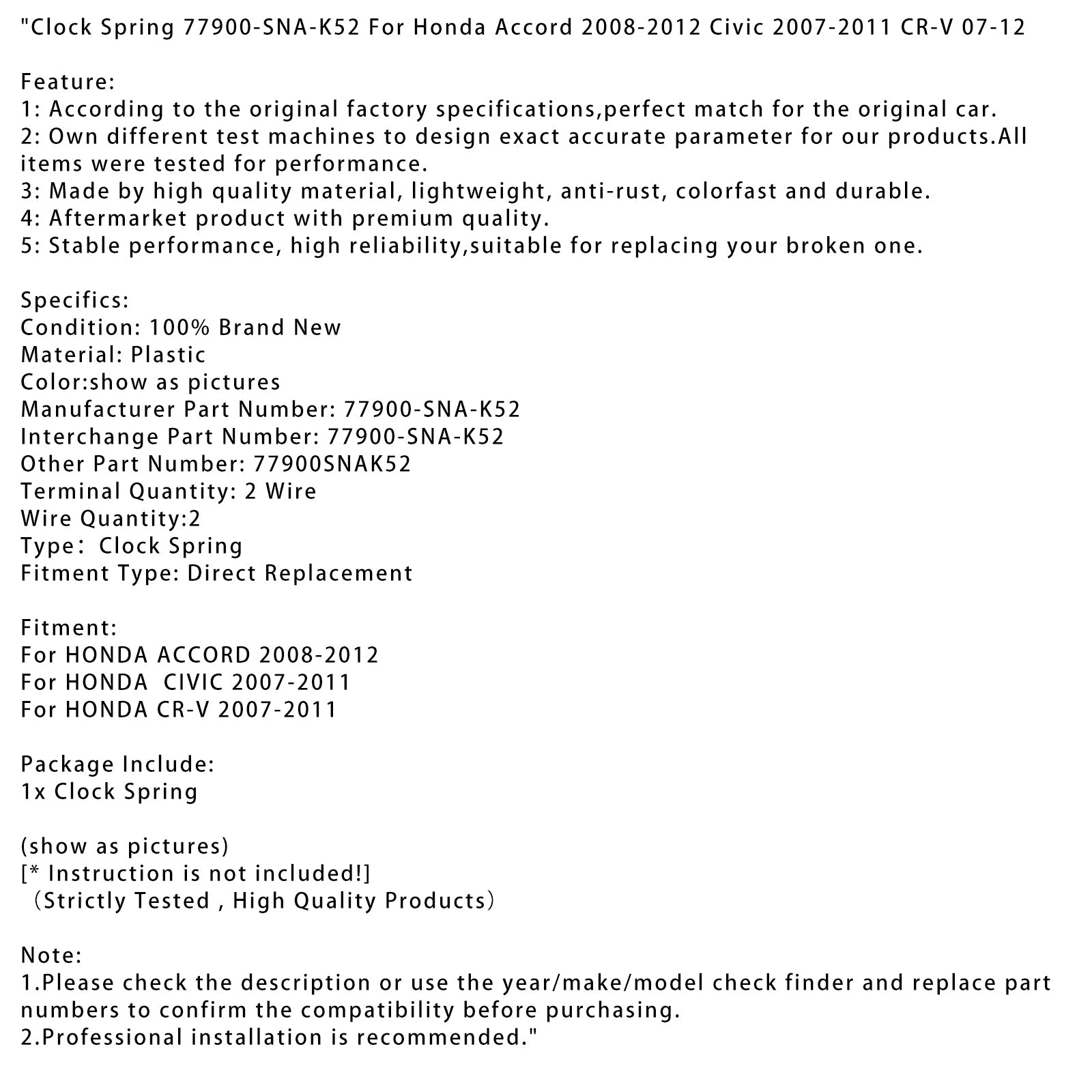 Honda Accord 2008-2012 Civic 2007-2011 CR-V 07-12용 클록 스프링 77900-SNA-K52