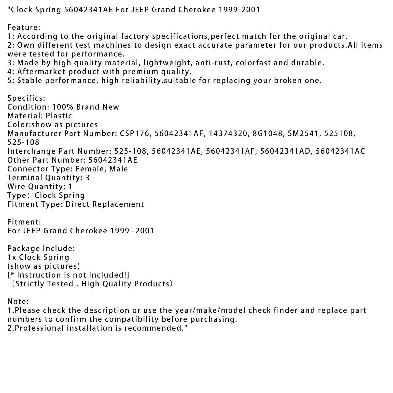 1999-2001 JEEP 그랜드 체로키 클록 스프링 56042341AE 56042341AD 56042341AF