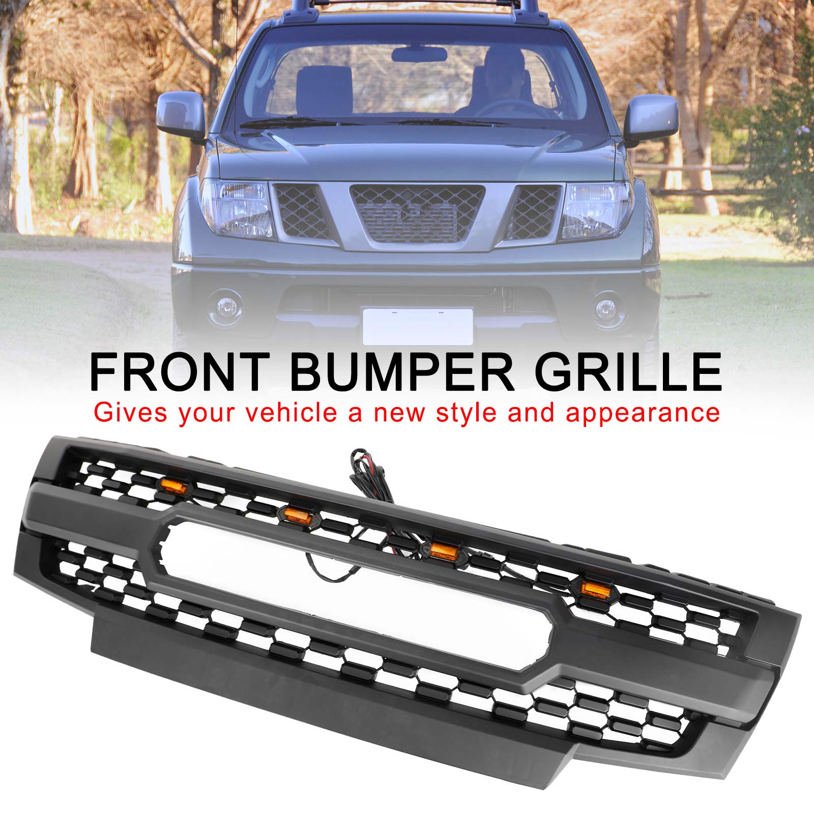 Black Front Bumper Grille Grill Fit Nissan Frontier 2009-2019 W/ Led Lights