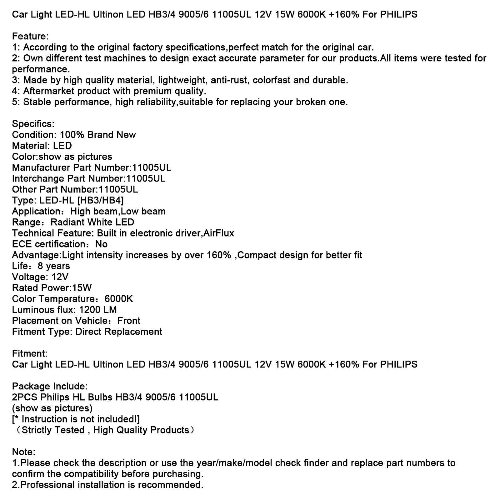 자동차 조명 LED-HL Ultinon LED HB3/4 9005/6 11005UL 12V 15W +160% PHILIPS용