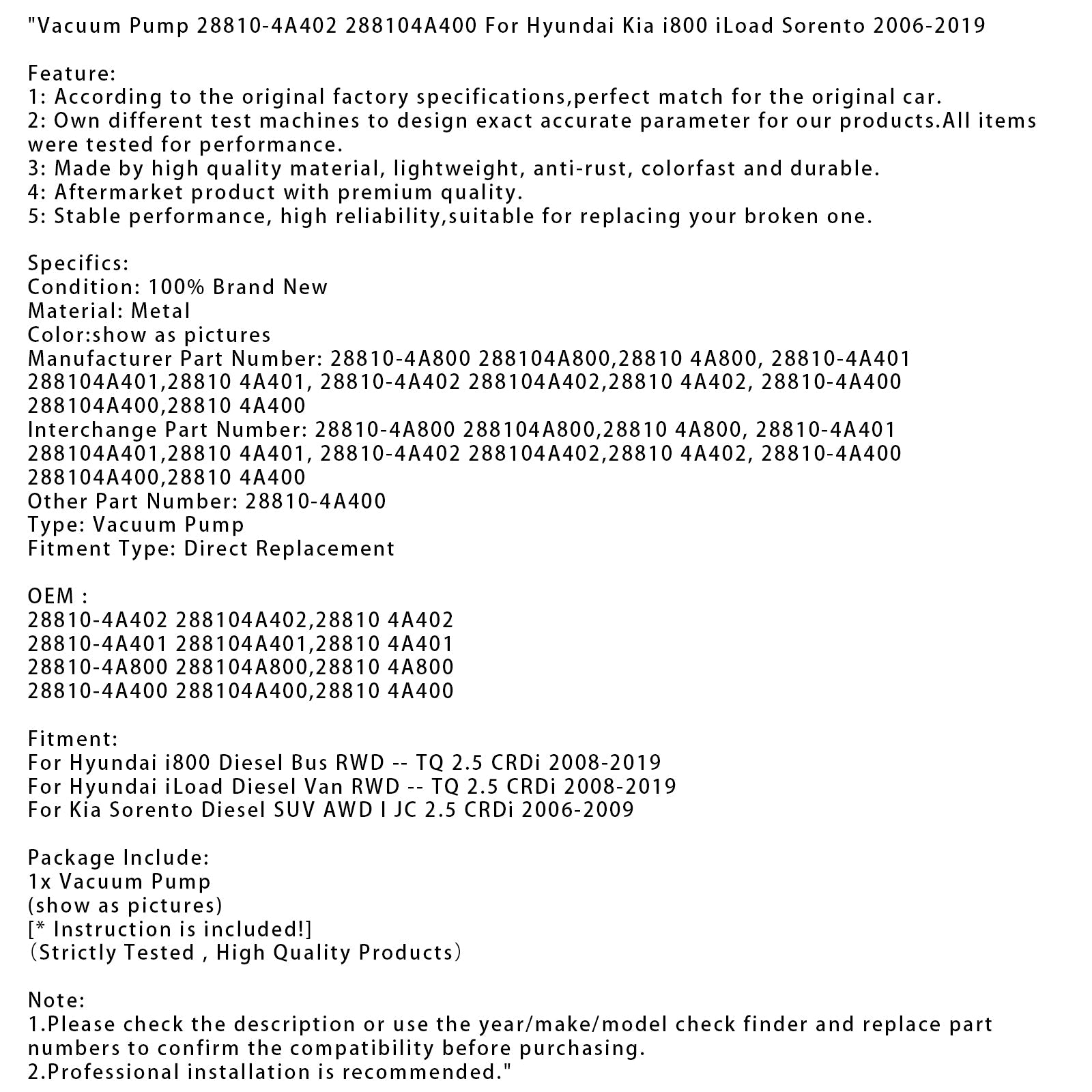 2008-2019 Hyundai i800 Diesel Bus RWD TQ 2.5 CRDi Vacuum Pump 28810-4A402 288104A400
