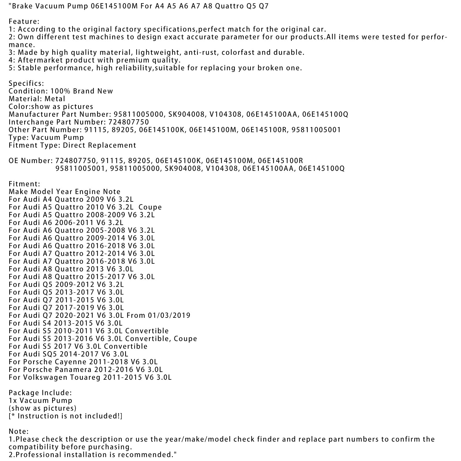 Brake Vacuum Pump 06E145100M For A4 A5 A6 A7 A8 Quattro Q5 Q7