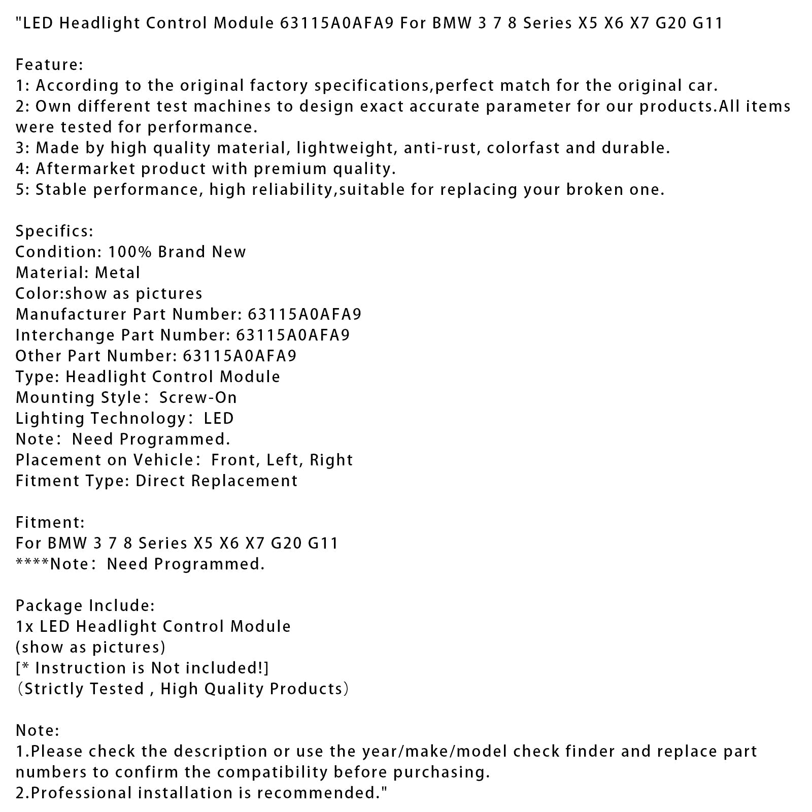 BMW 3 7 8 Series X5 X6 X7 G20 G11 LED Headlight Control Module 63115A0AFA9