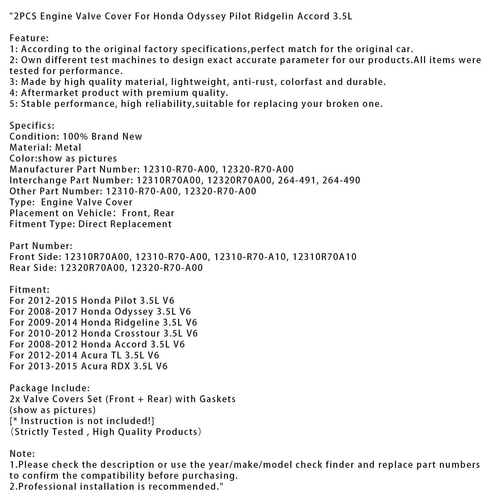2009-2014 Honda Ridgeline 3.5L V6 2PCS Front+Rear Engine Valve Cover 12310R70A00 12310R70A10