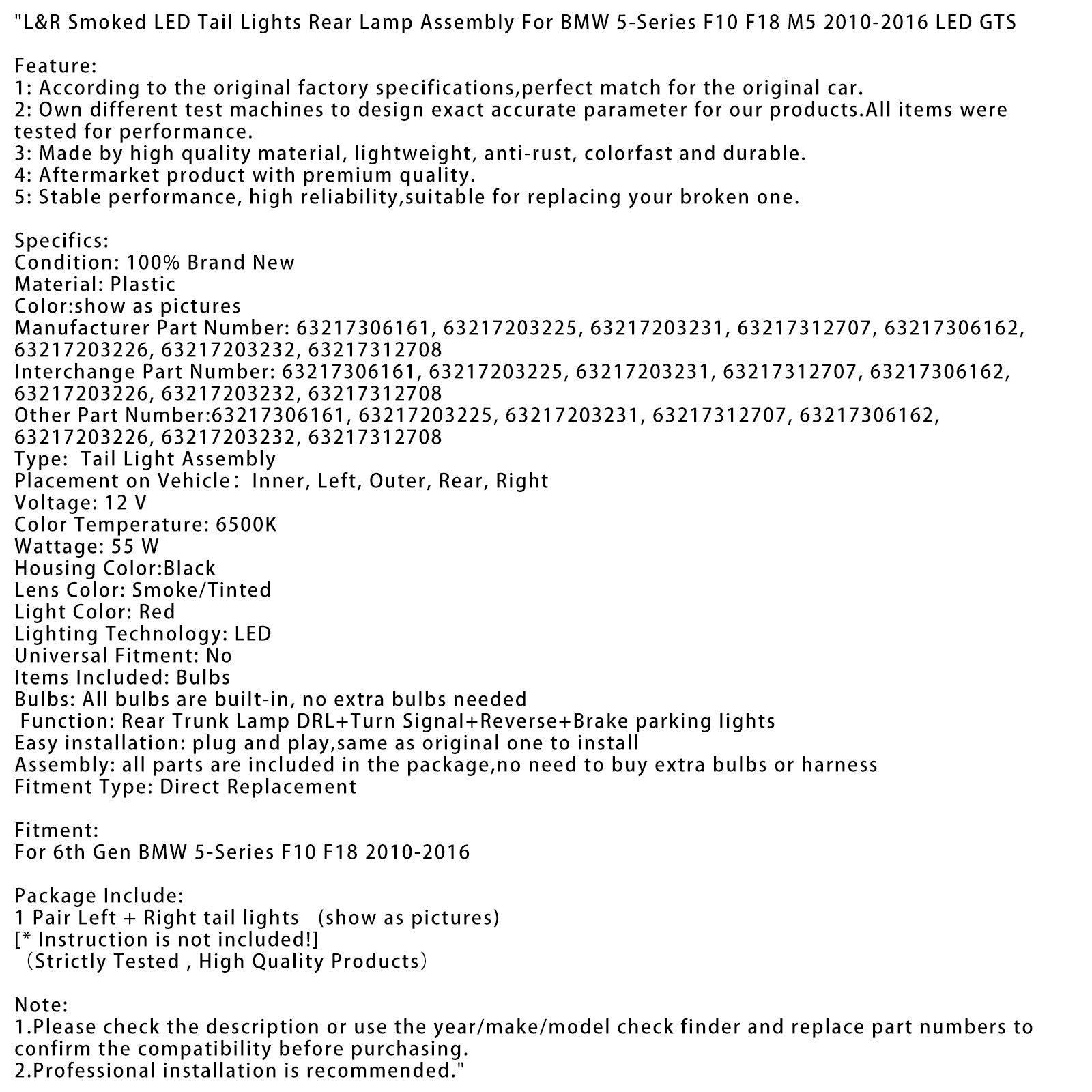 2010-2016 BMW 6th Gen 5-Series5F10 F18 M5 L&R Smoked LED Tail Lights Rear Lamp Assembly