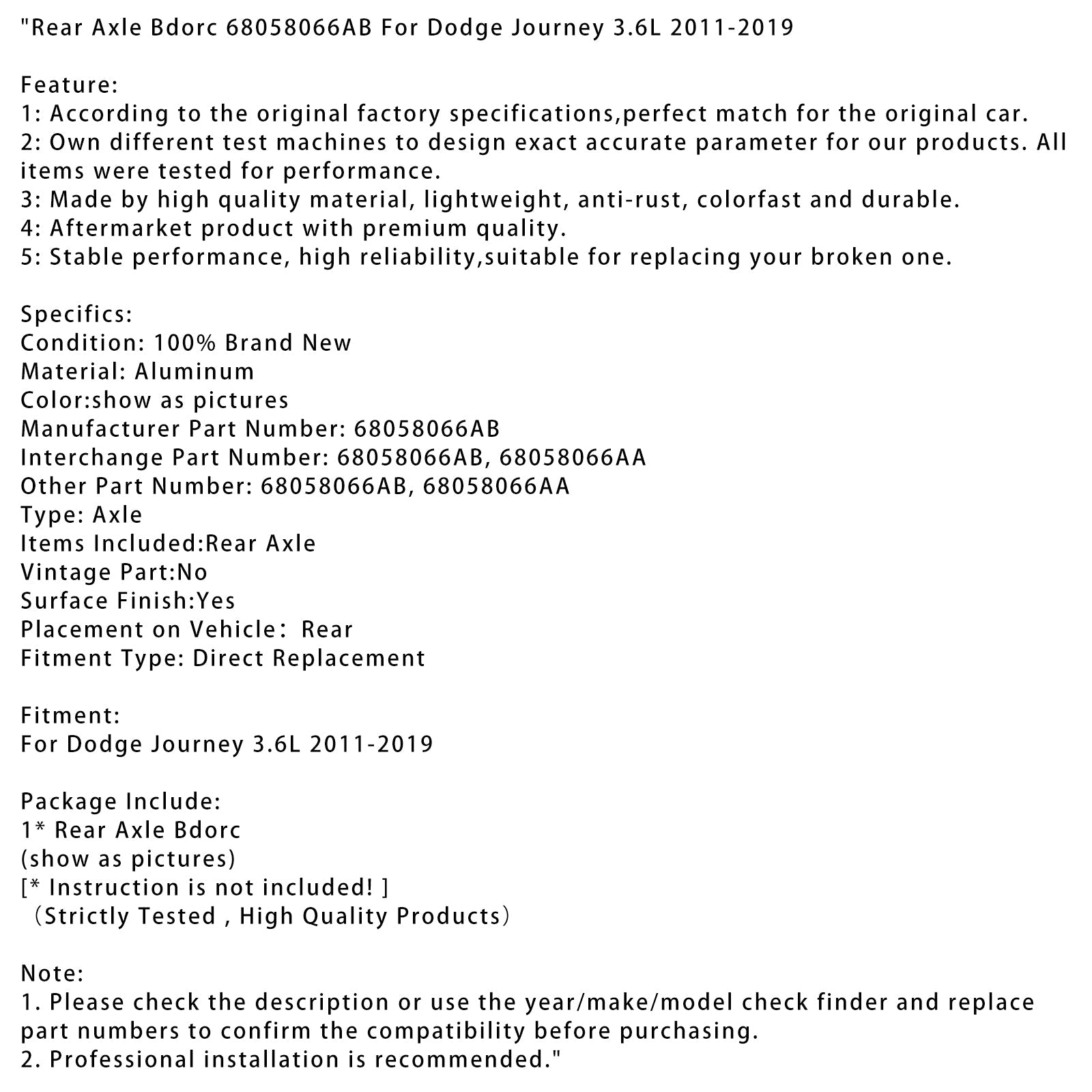 2011-2019 Dodge Journey 3.6L Rear Axle Bdorc 68058066AB