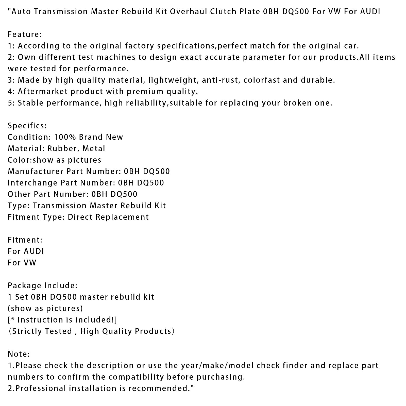 AUDI  VW Auto Transmission Master Rebuild Kit Overhaul Clutch Plate 0BH DQ500