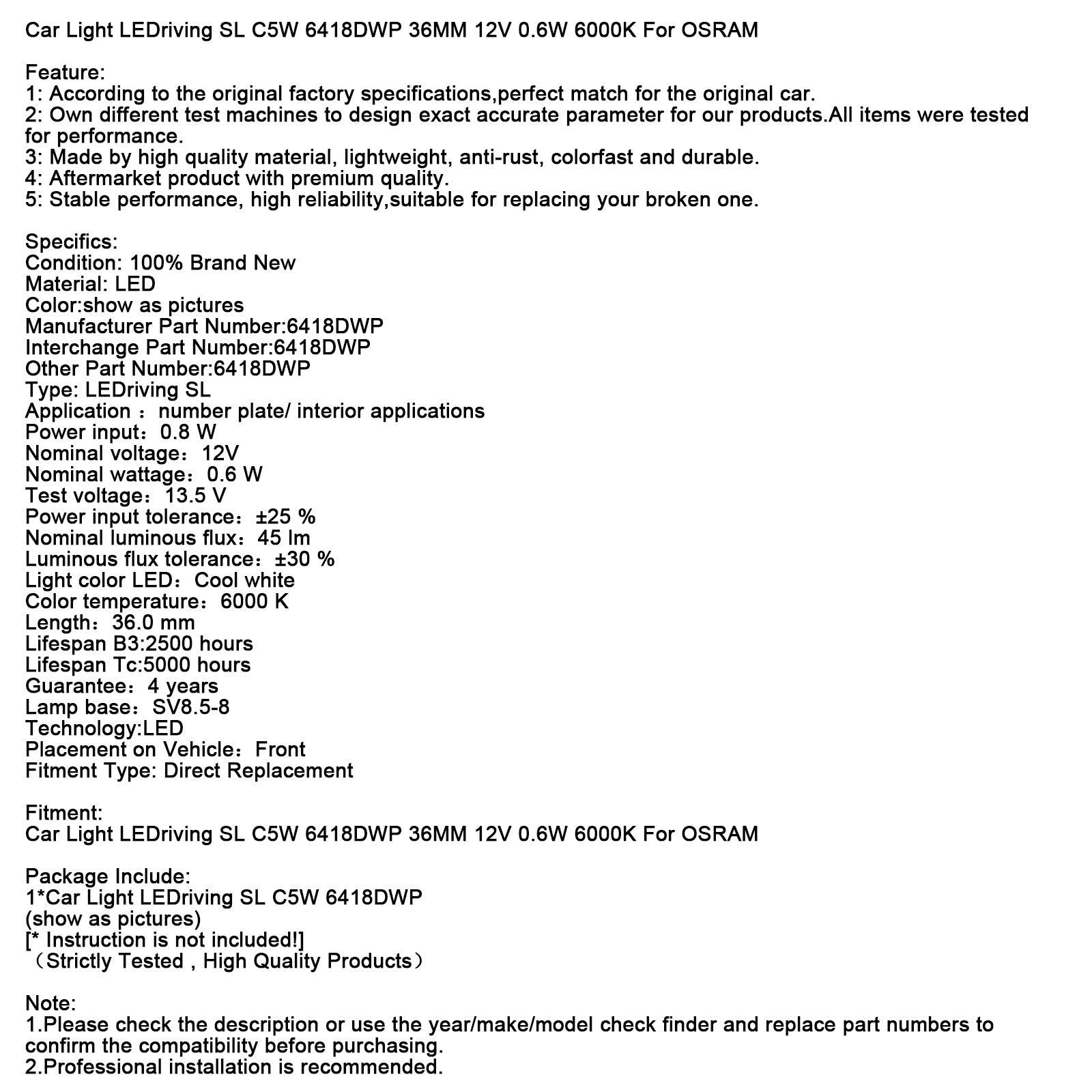 Car Light LEDriving SL C5W 6418DWP 36MM 12V 0.6W 6000K For OSRAM