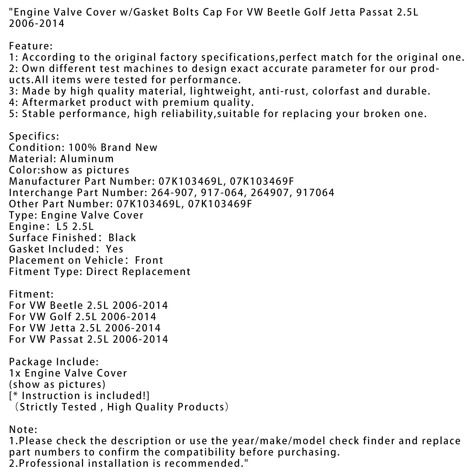 Engine Valve Cover w/Gasket Bolts Cap For VW Beetle Golf Jetta Passat 2.5L