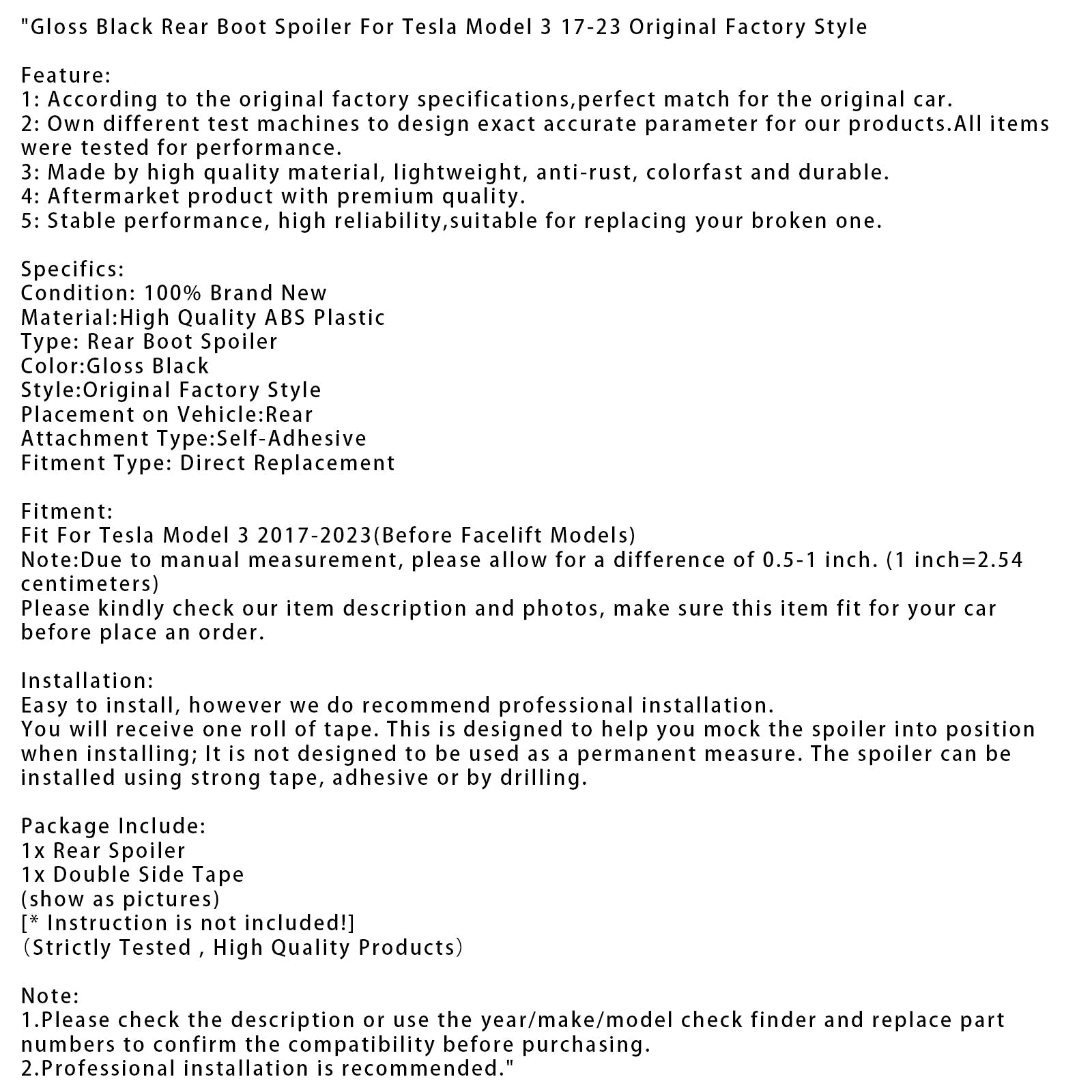 Gloss Black Rear Boot Spoiler For Tesla Model 3 17-23 Original Factory Style