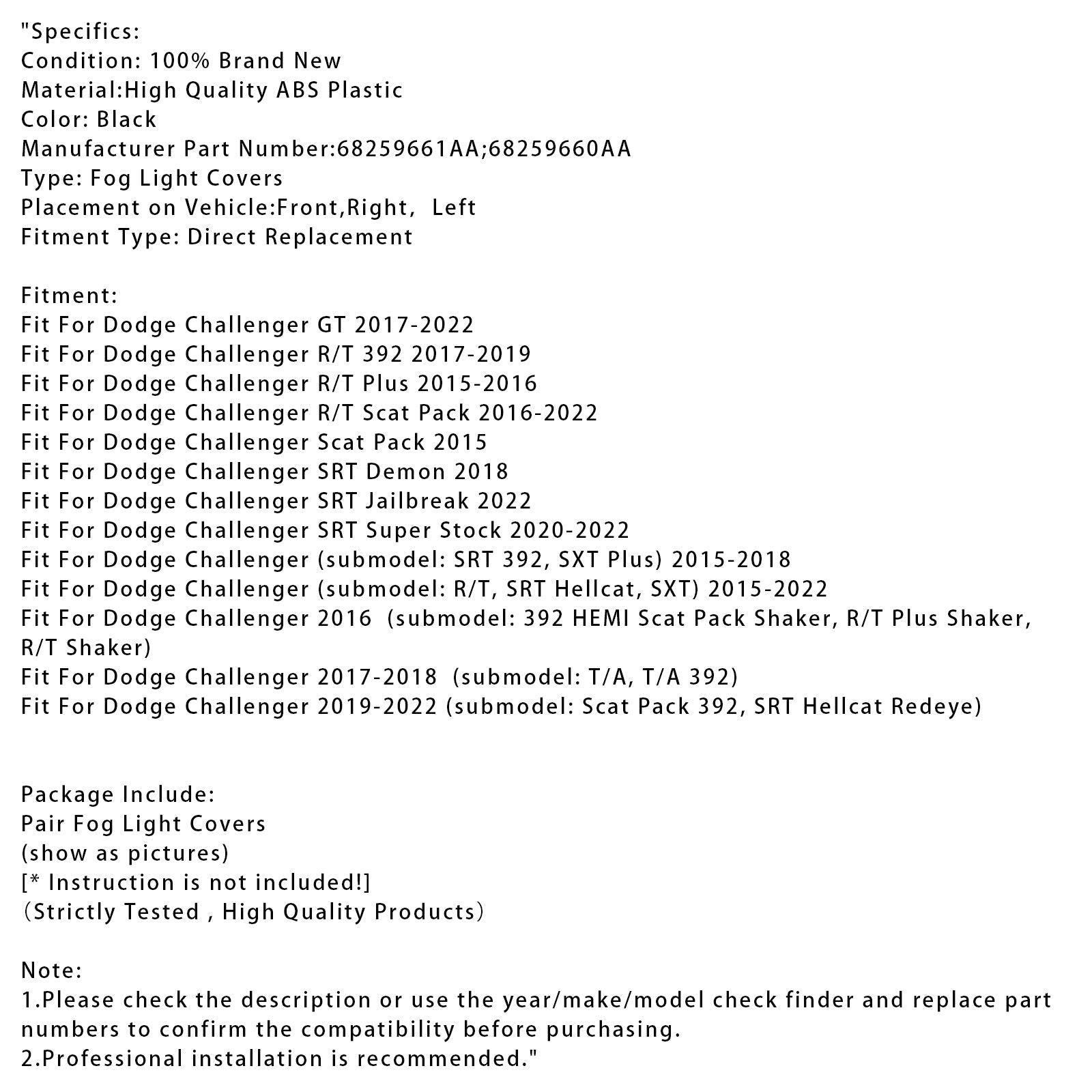 Pair Fog Light Covers For Dodge Challenger 2015-2022 68259661AA