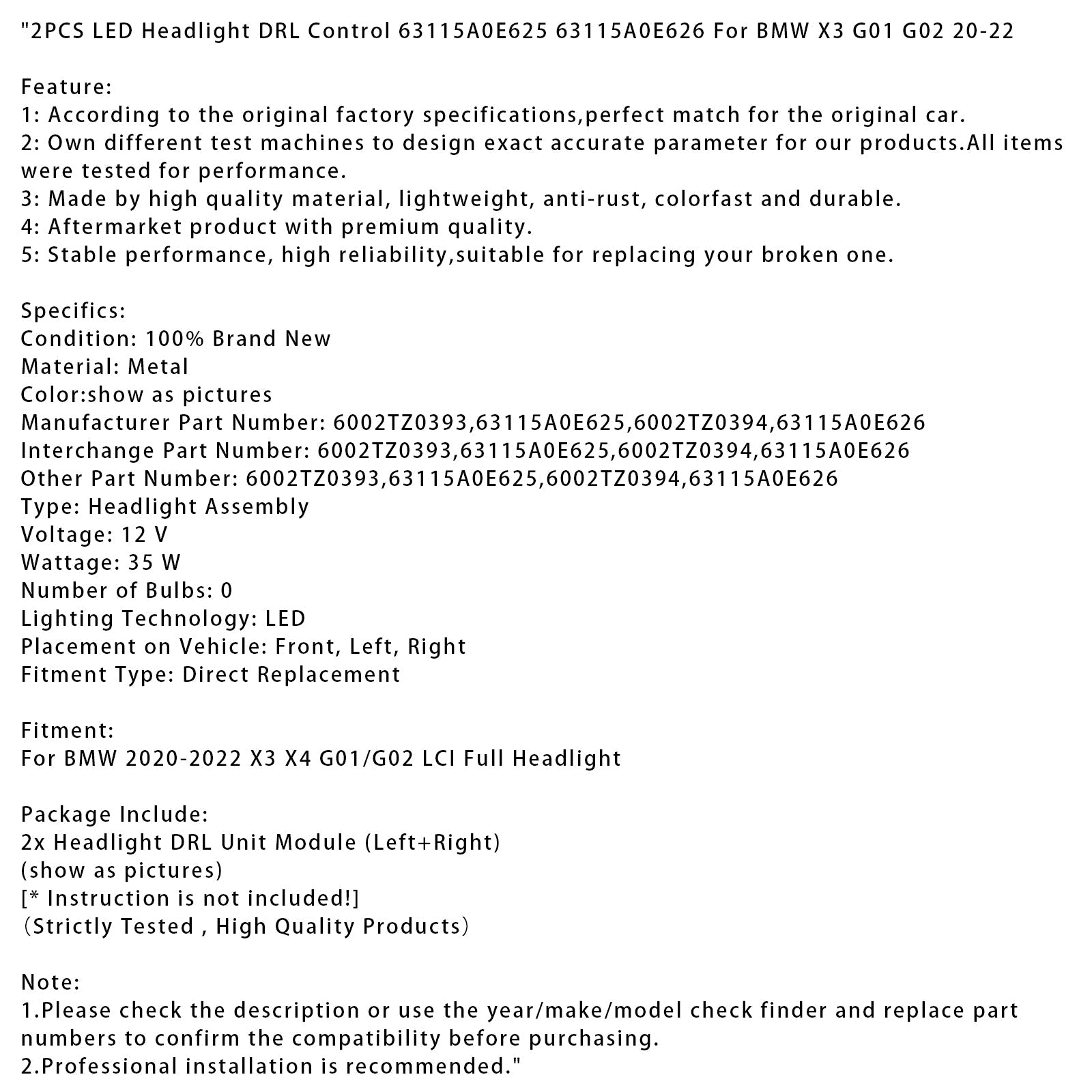 2020-2022 BMW X3 G01 G02 2PCS LED Headlight DRL Control 63115A0E625 63115A0E626